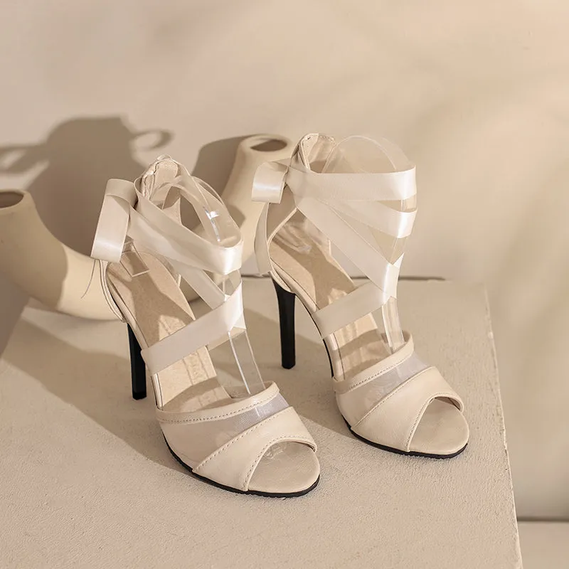 Bigsizeheels Silk Lace-up Heeled Sandals Comfortable Heels For Plus Size - White
