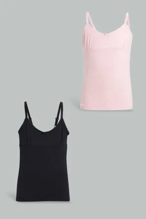 Black And Pink Heart Print Vest Set For Senior Girls (Pack of 2)