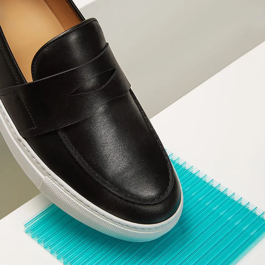 Black Leather Phoebe Slip On Penny Sneakers with White Soles - Summer 2024 Collection