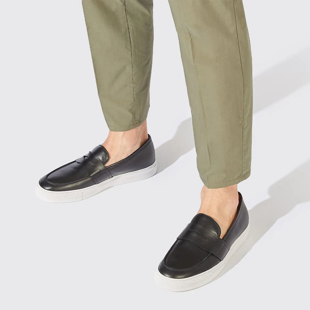 Black Leather Phoebe Slip On Penny Sneakers with White Soles - Summer 2024 Collection
