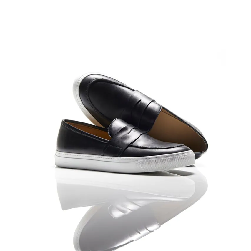 Black Leather Phoebe Slip On Penny Sneakers with White Soles - Summer 2024 Collection