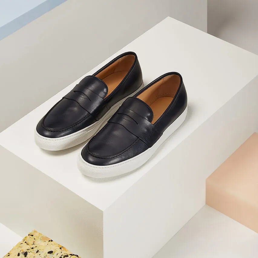 Black Leather Phoebe Slip On Penny Sneakers with White Soles - Summer 2024 Collection