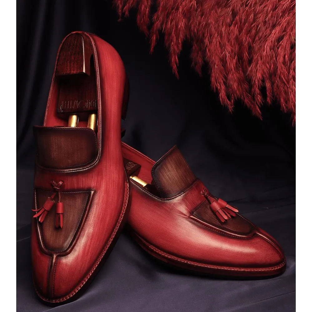 Burgundy   Brown Brushed Patina Mirror Glossed Apron Toe Tassel Loafers