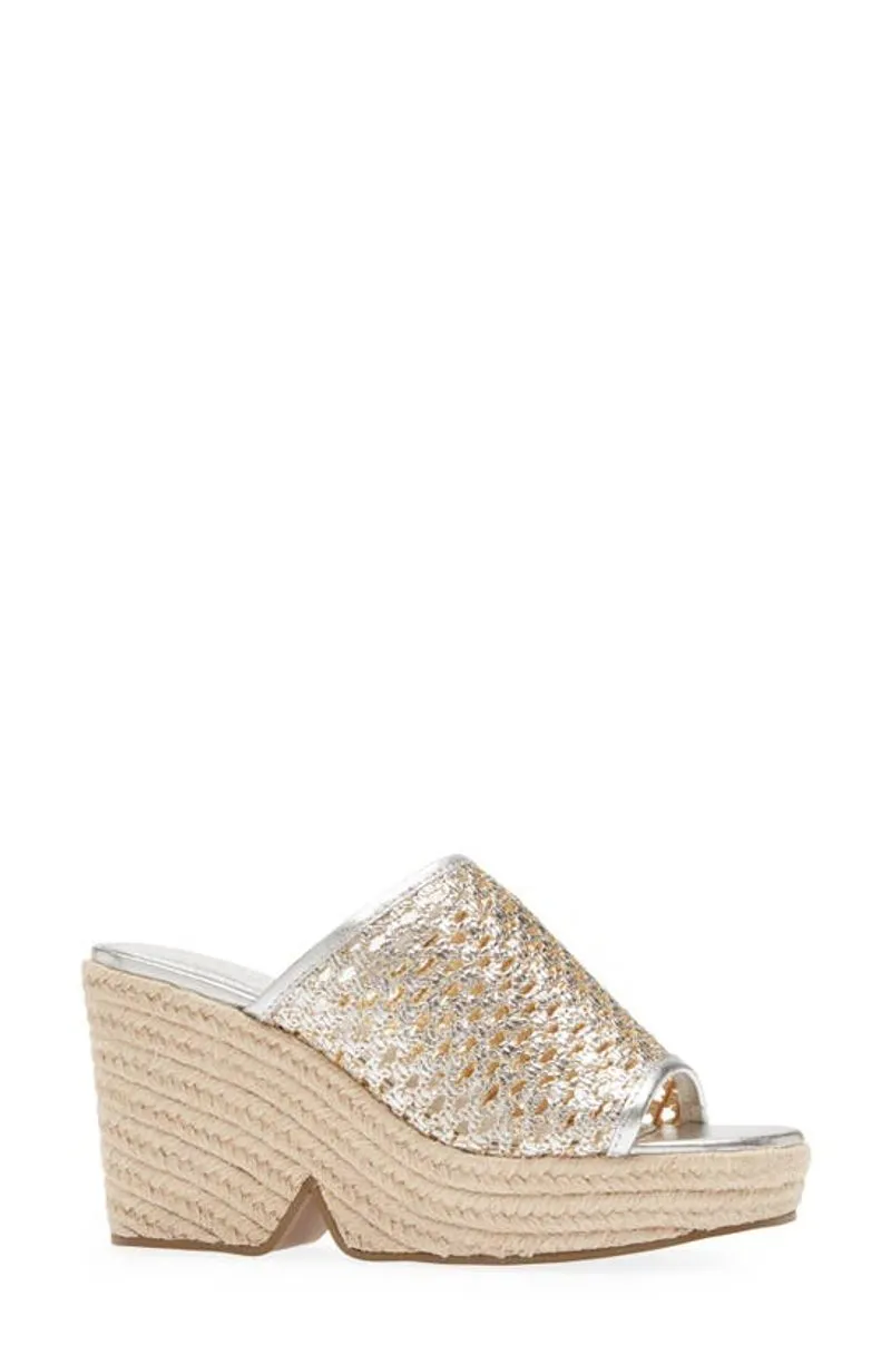 Cecelia New York Frisbee Platform Silver Mesh Slip On Open Toe Heel Wedge Sandal