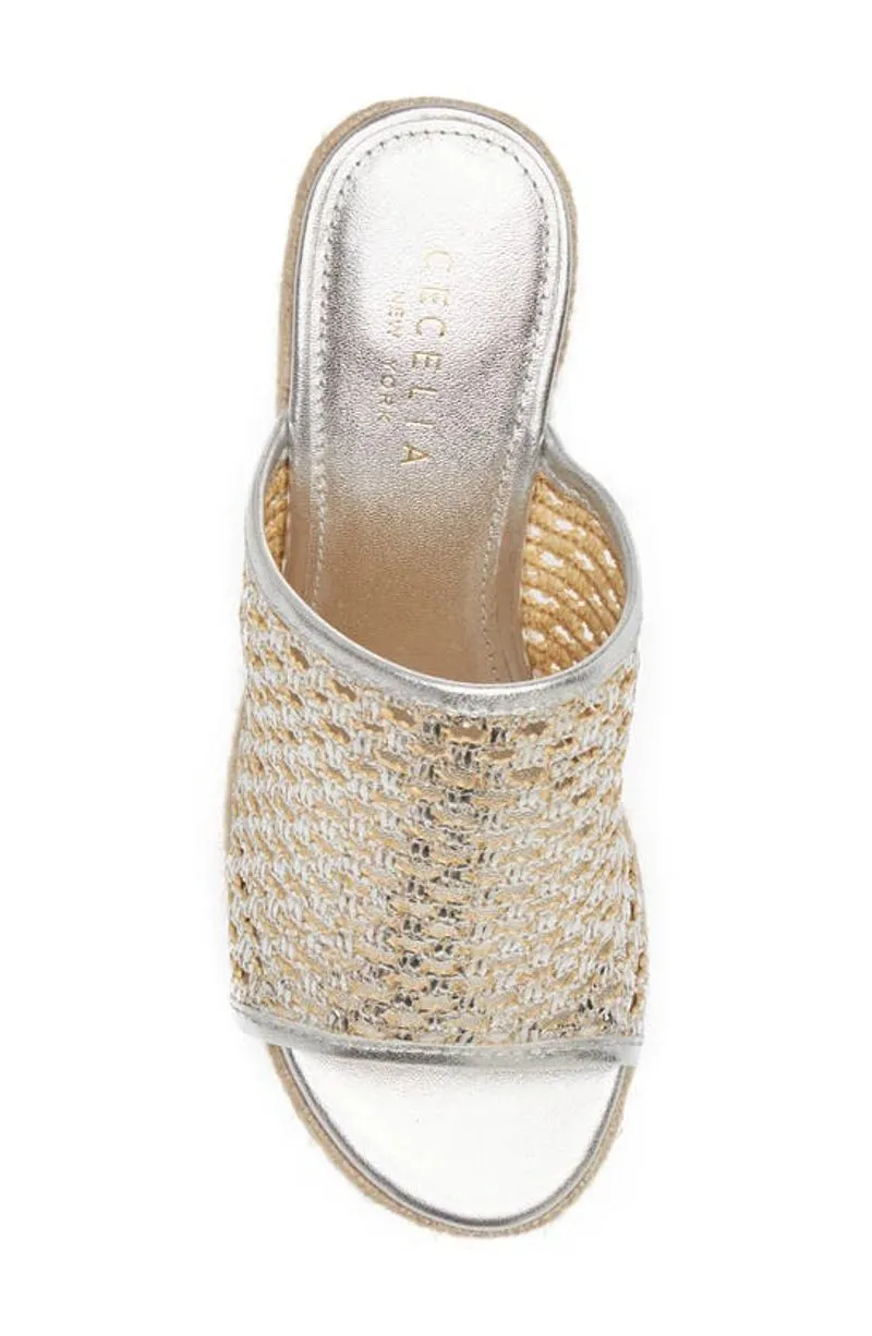 Cecelia New York Frisbee Platform Silver Mesh Slip On Open Toe Heel Wedge Sandal