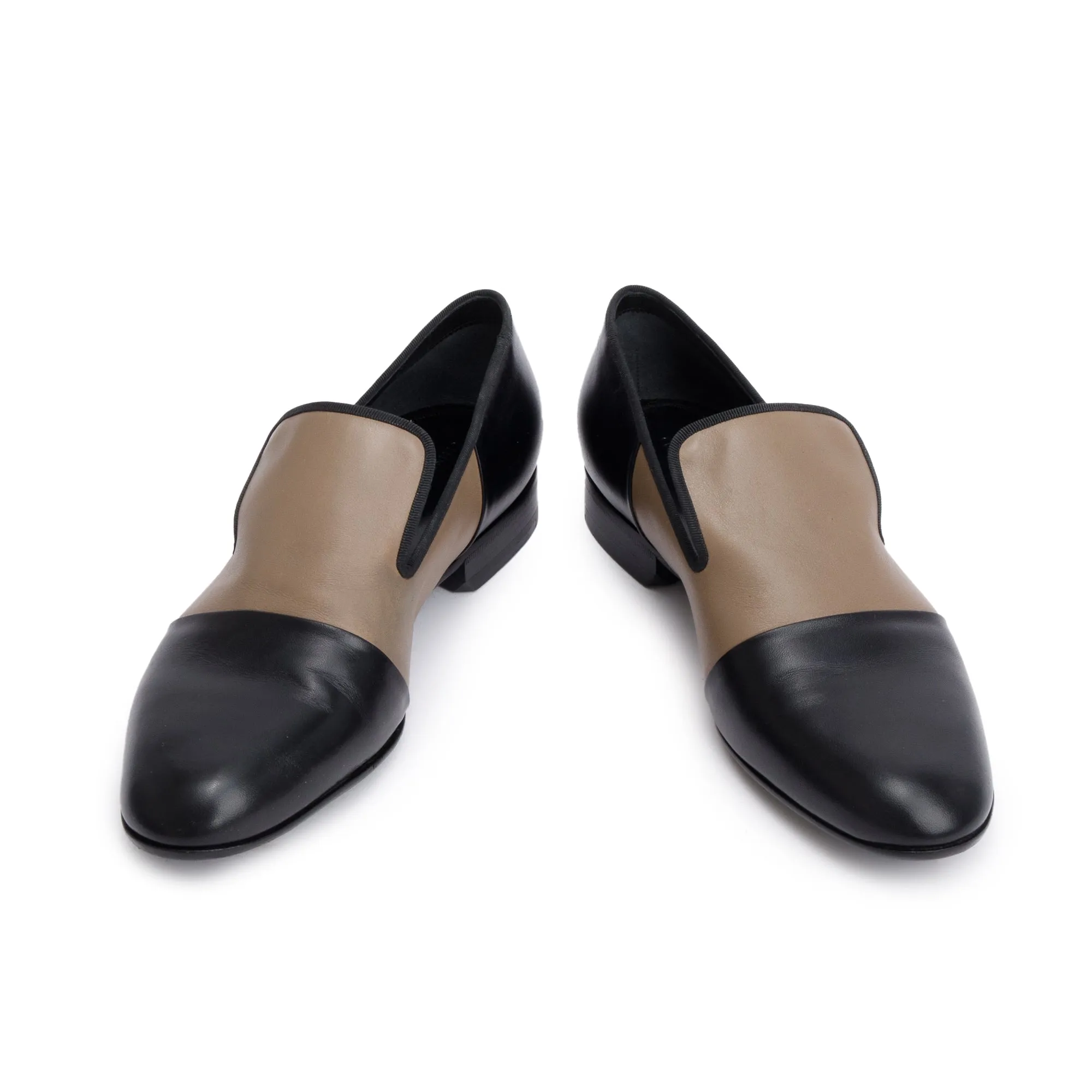 Celine Black/Taupe Calfskin Leather Luco Triomphe Loafers, Size 38.5