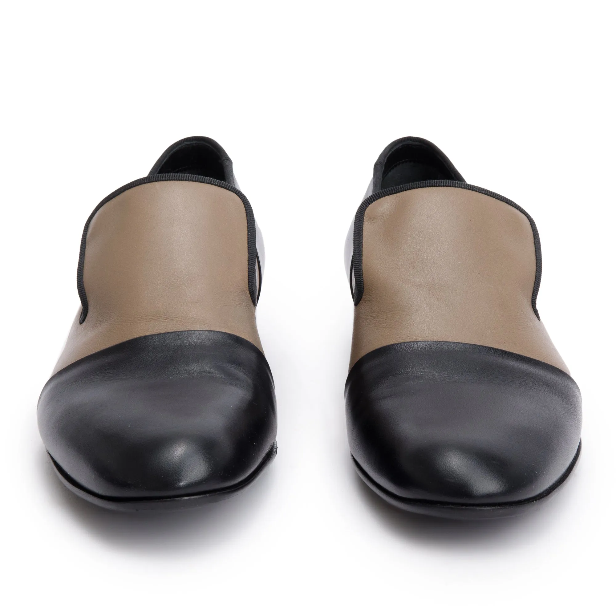 Celine Black/Taupe Calfskin Leather Luco Triomphe Loafers, Size 38.5