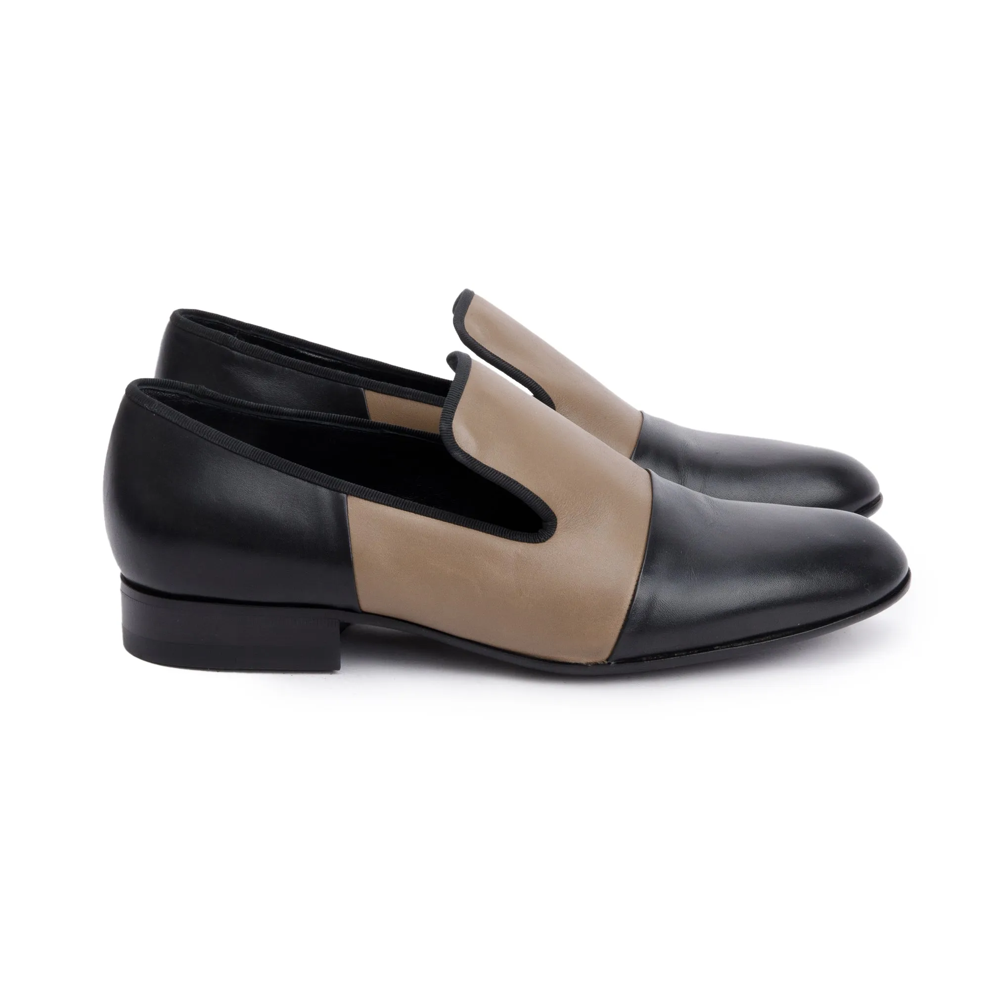 Celine Black/Taupe Calfskin Leather Luco Triomphe Loafers, Size 38.5