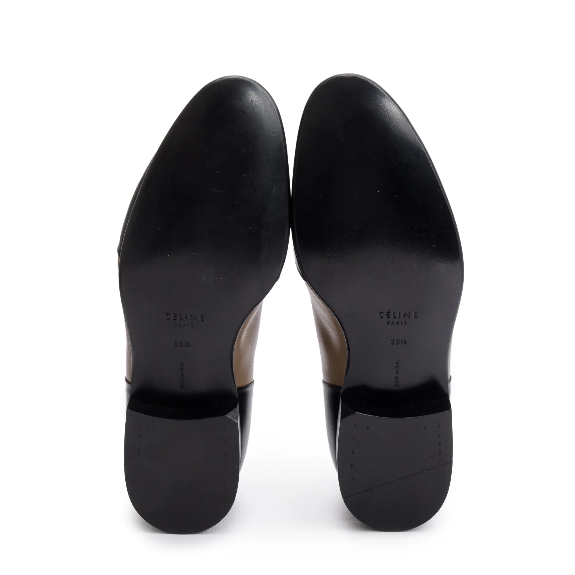 Celine Black/Taupe Calfskin Leather Luco Triomphe Loafers, Size 38.5