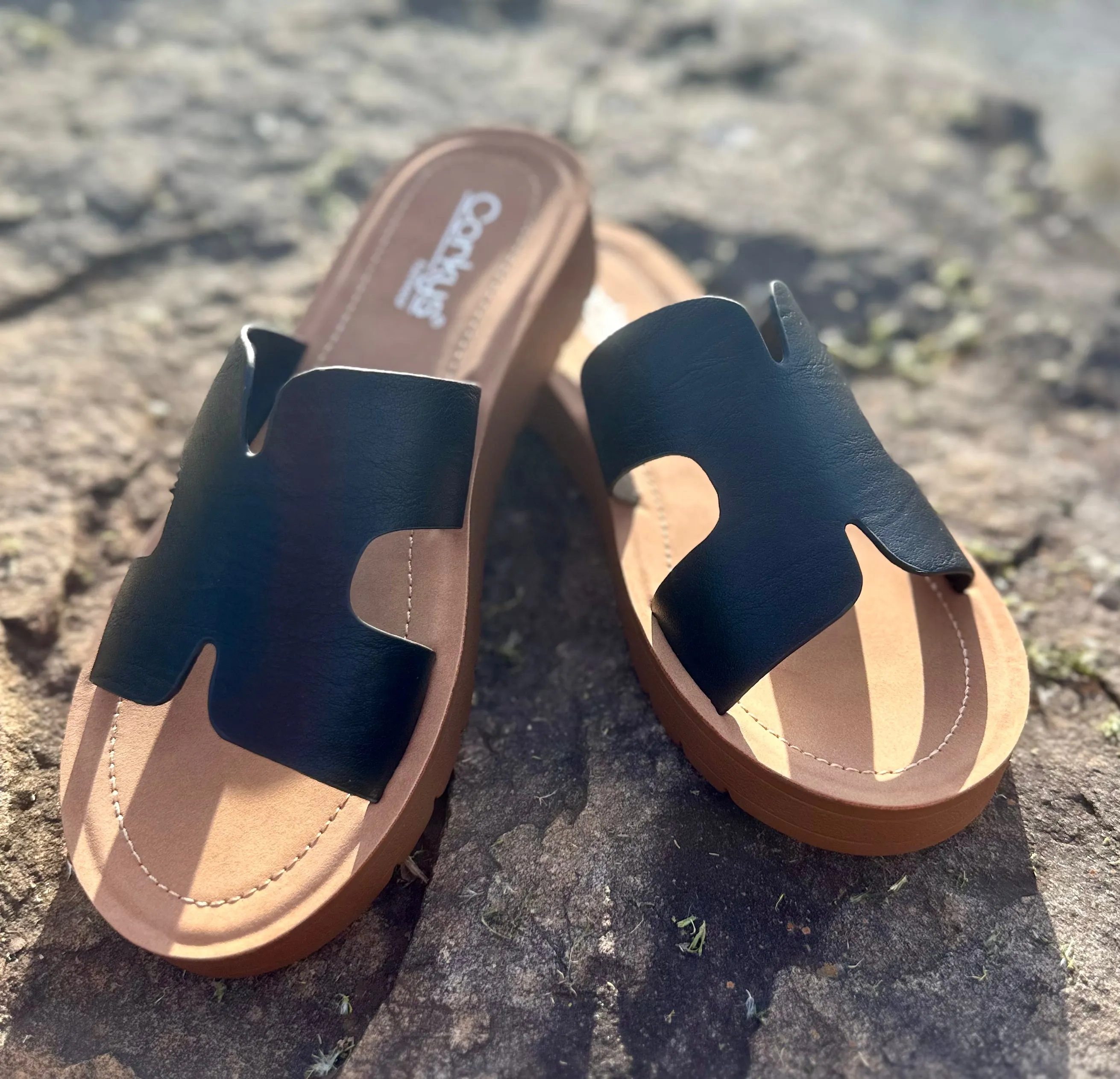 Corkys "Hold Please" Sandals in Black Smooth