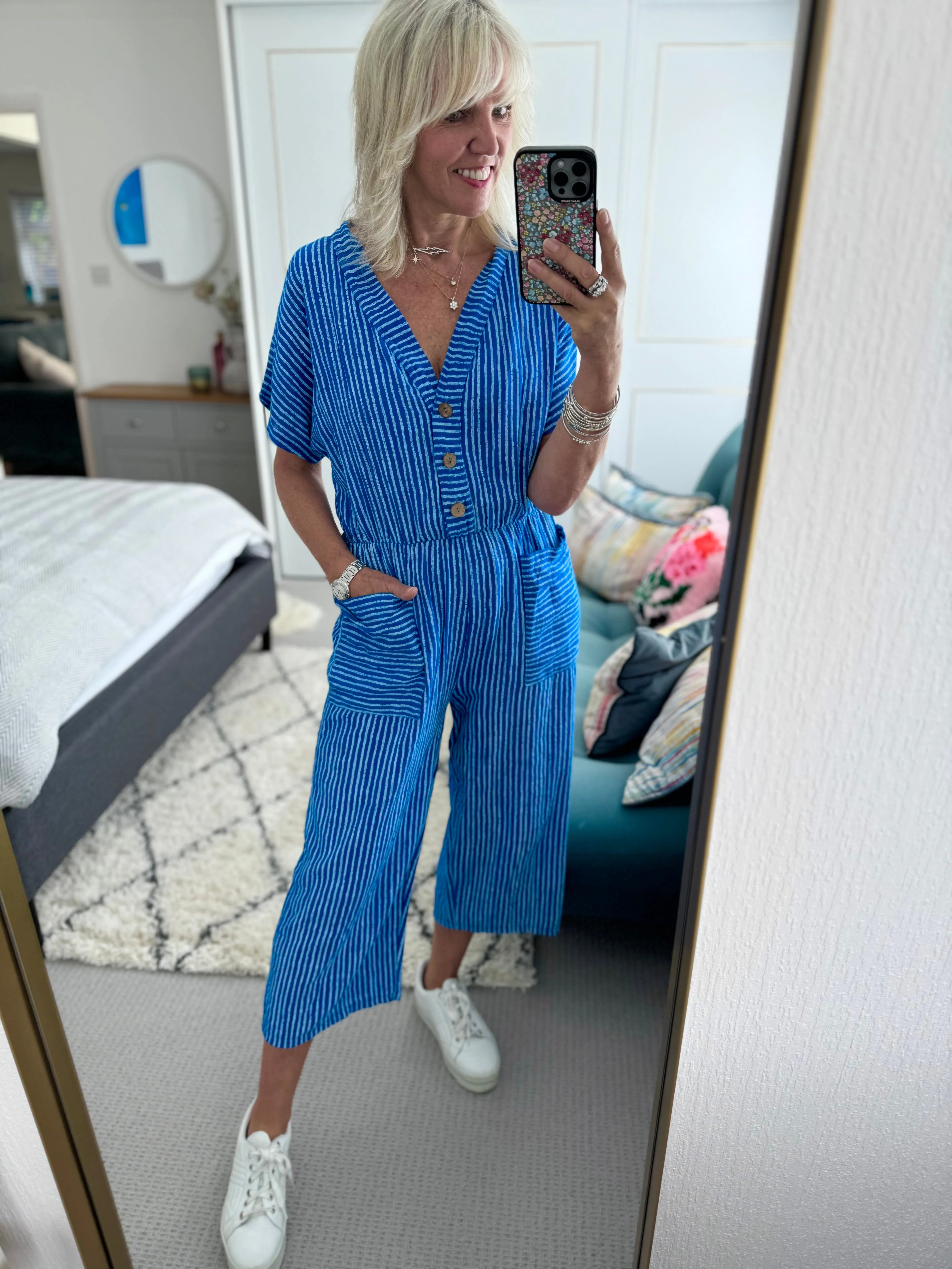 Cotton Stripe Jumpsuit in Blue