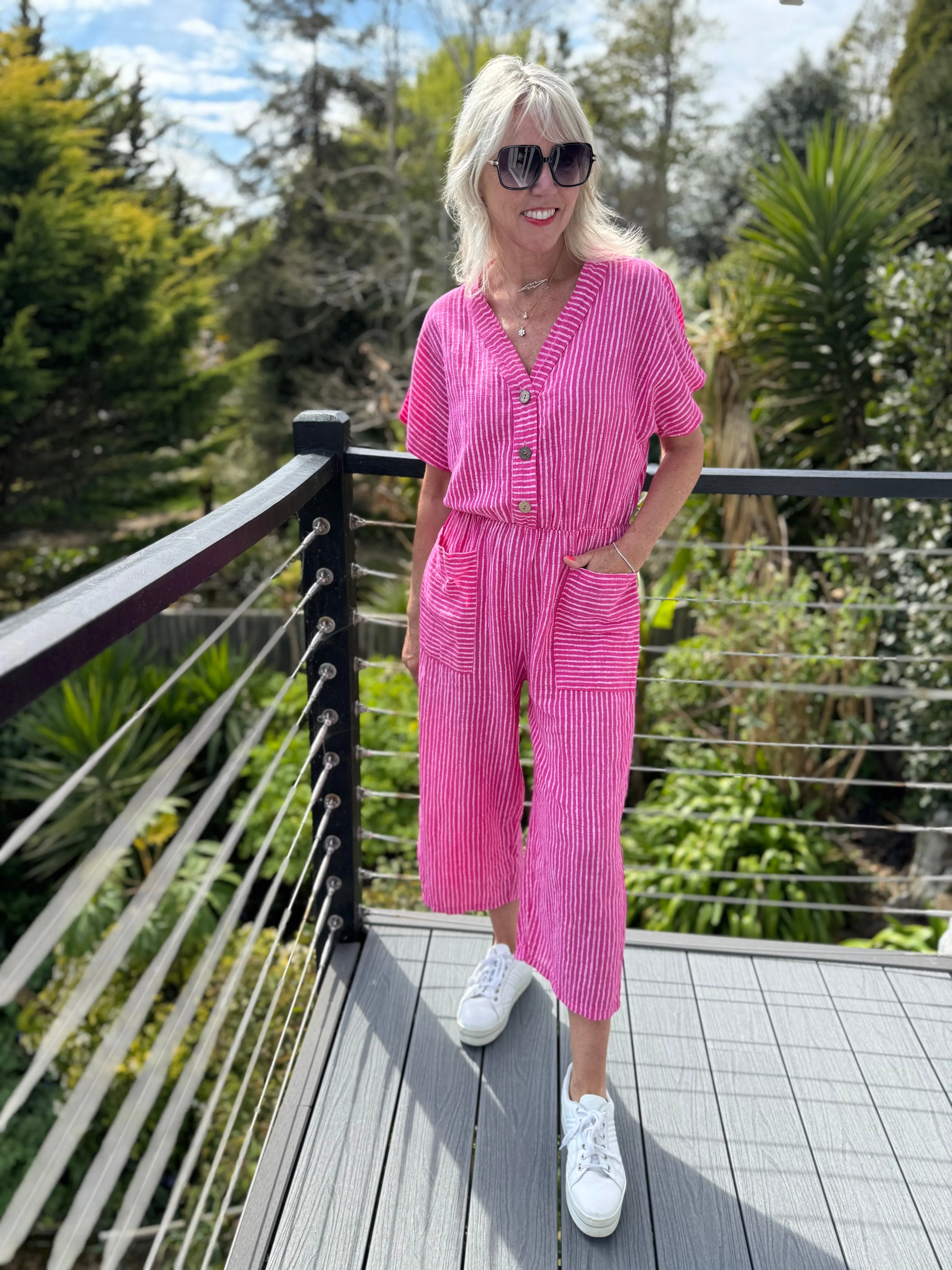 Cotton Stripe Jumpsuit in Pink