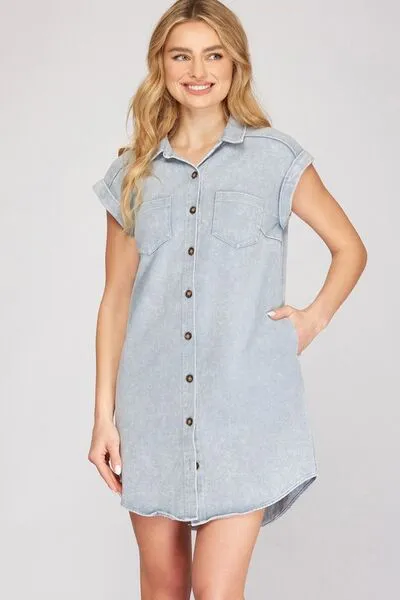 Denim Button Down Washed Twill Shirt Dress