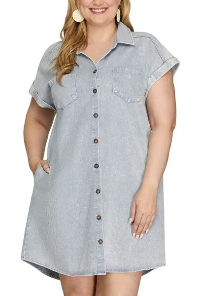 Denim Button Down Washed Twill Shirt Dress