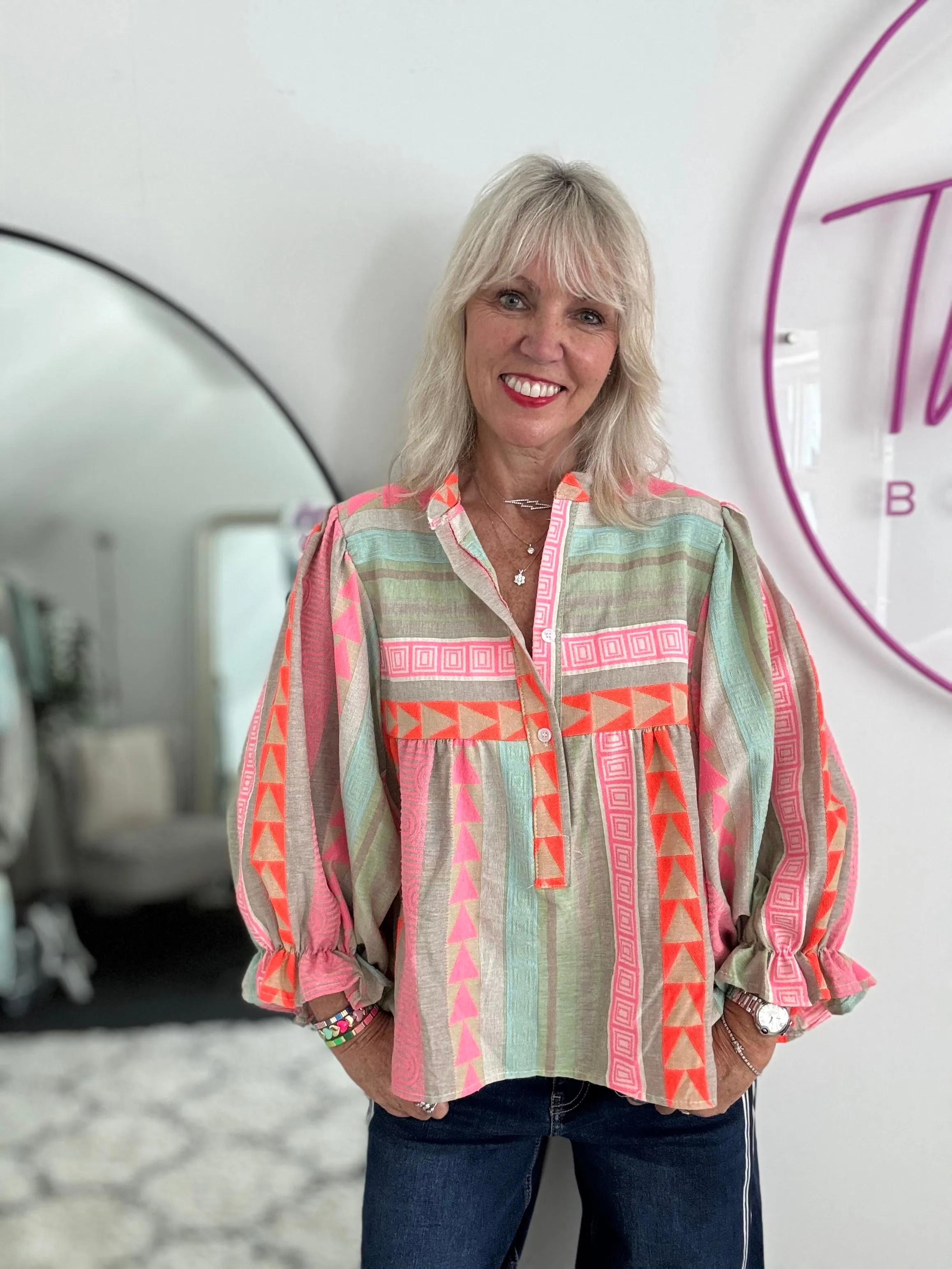 Embroidered Blouse in Pink & Khaki