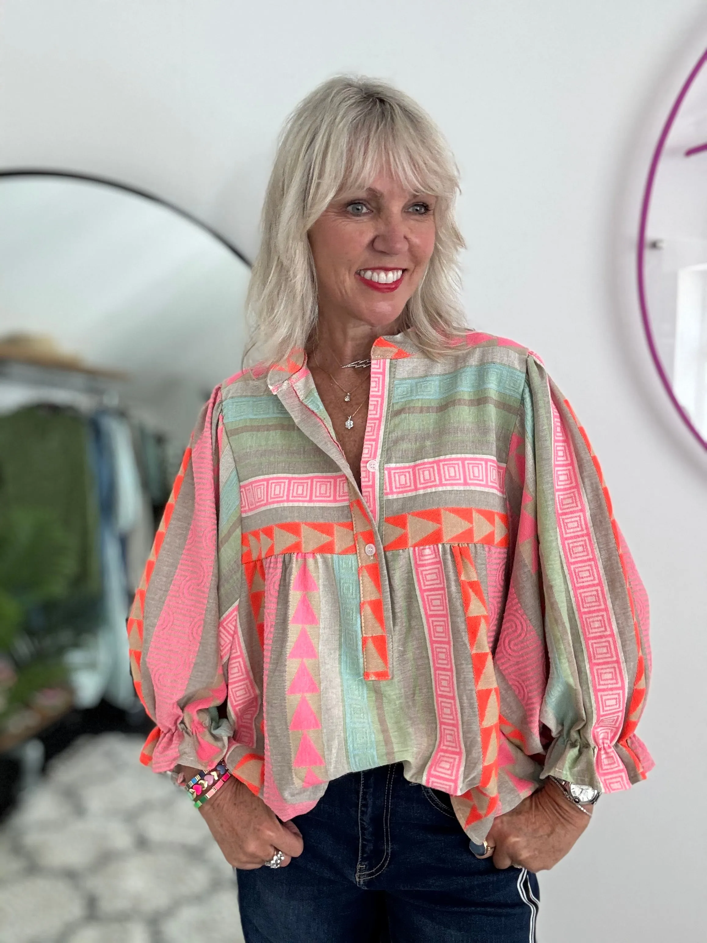 Embroidered Blouse in Pink & Khaki