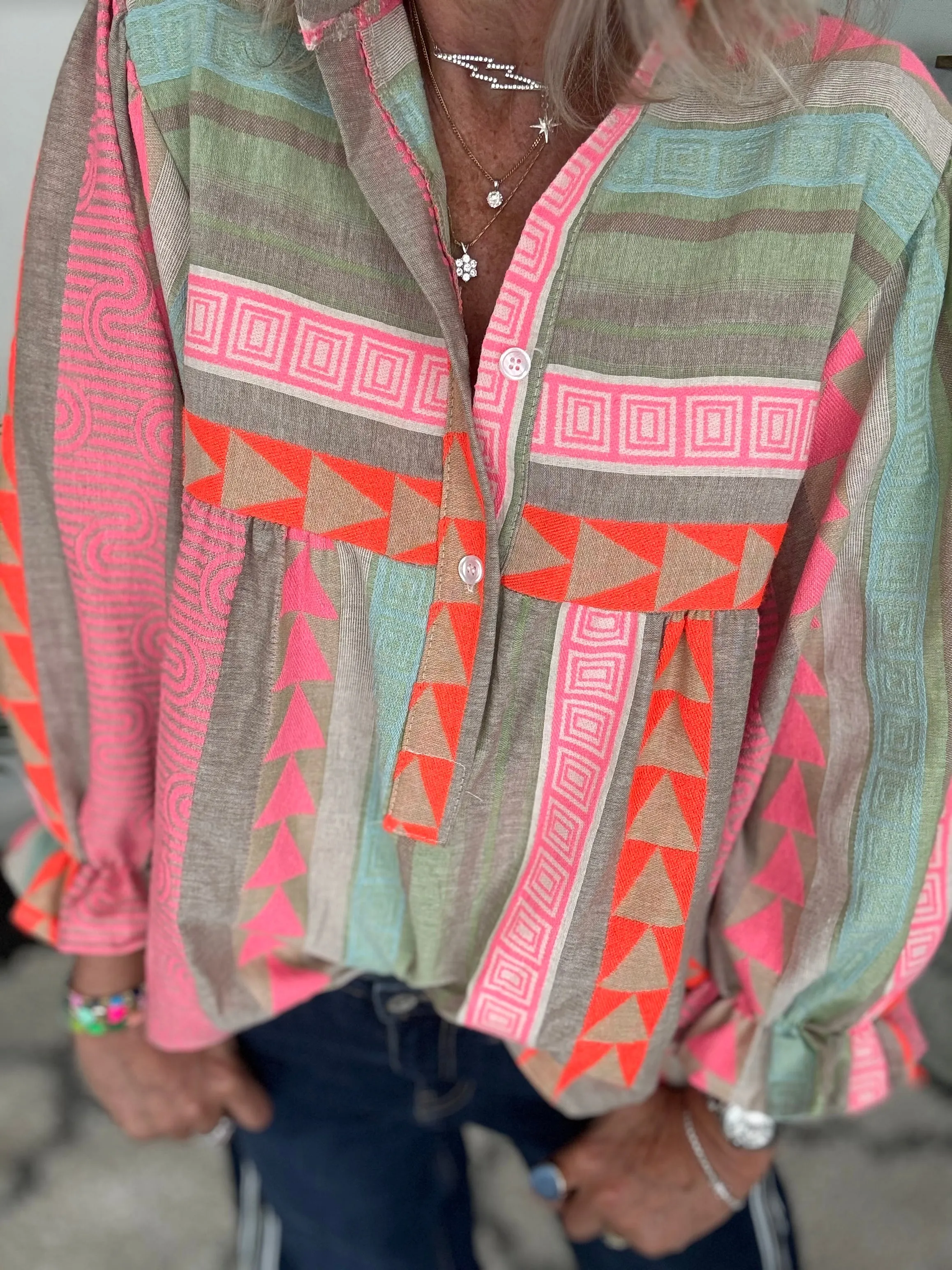 Embroidered Blouse in Pink & Khaki