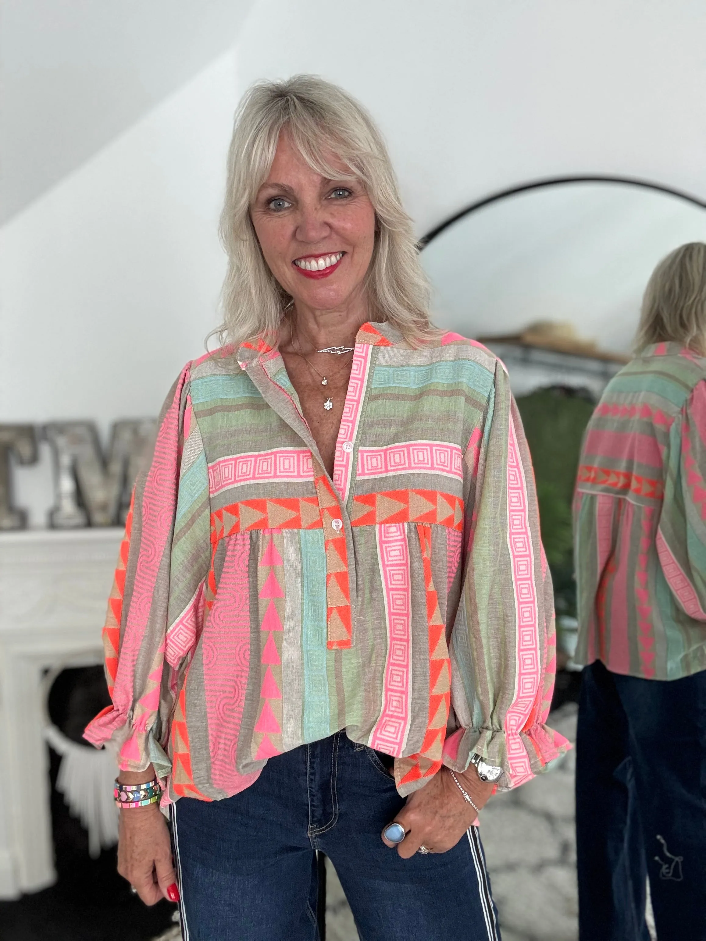 Embroidered Blouse in Pink & Khaki