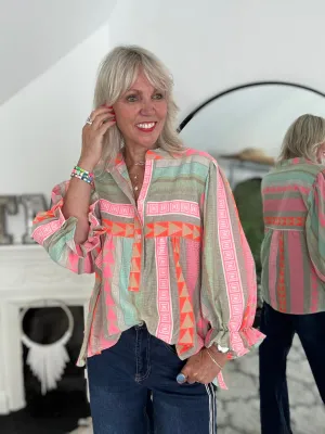 Embroidered Blouse in Pink & Khaki