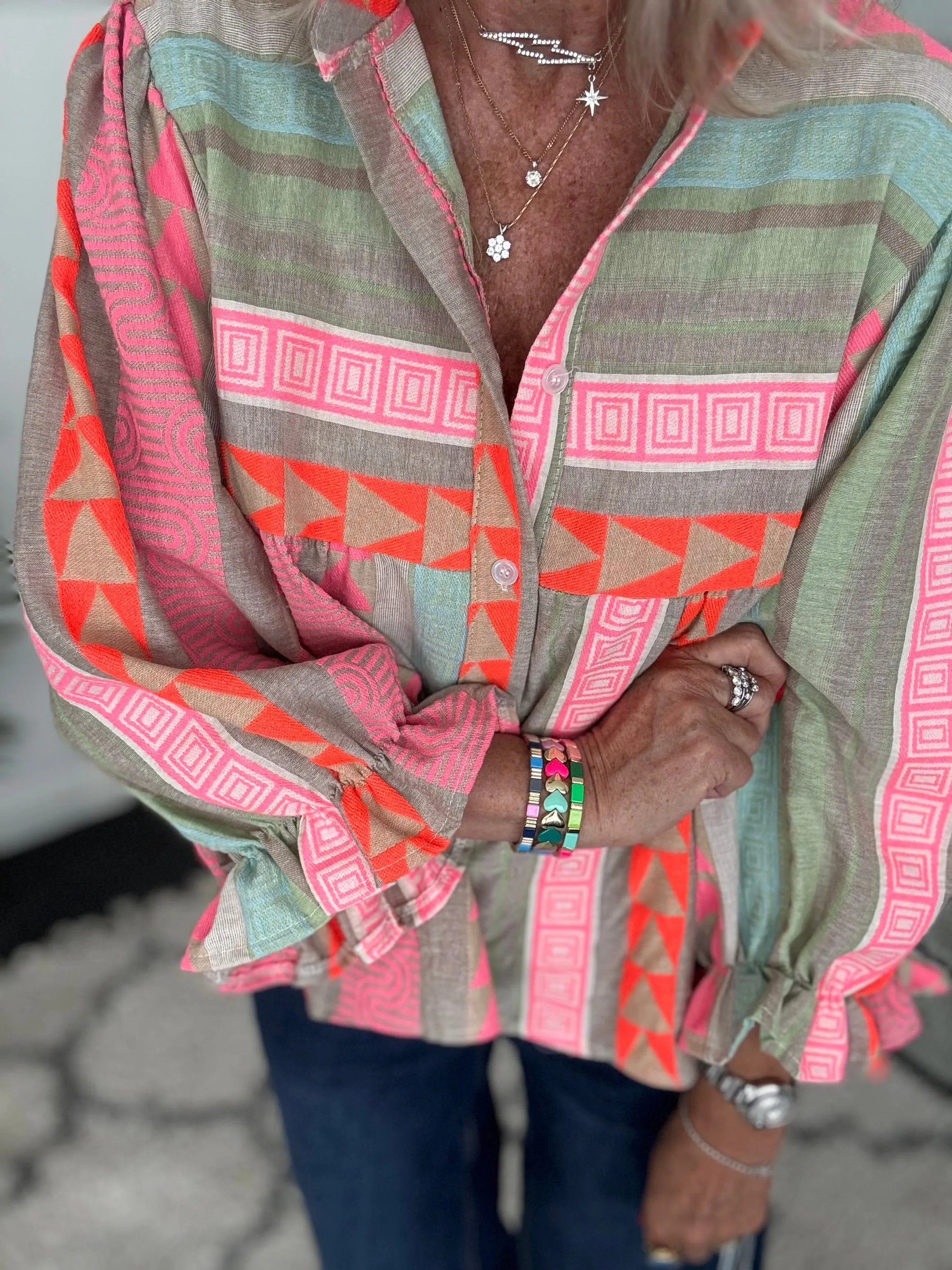 Embroidered Blouse in Pink & Khaki