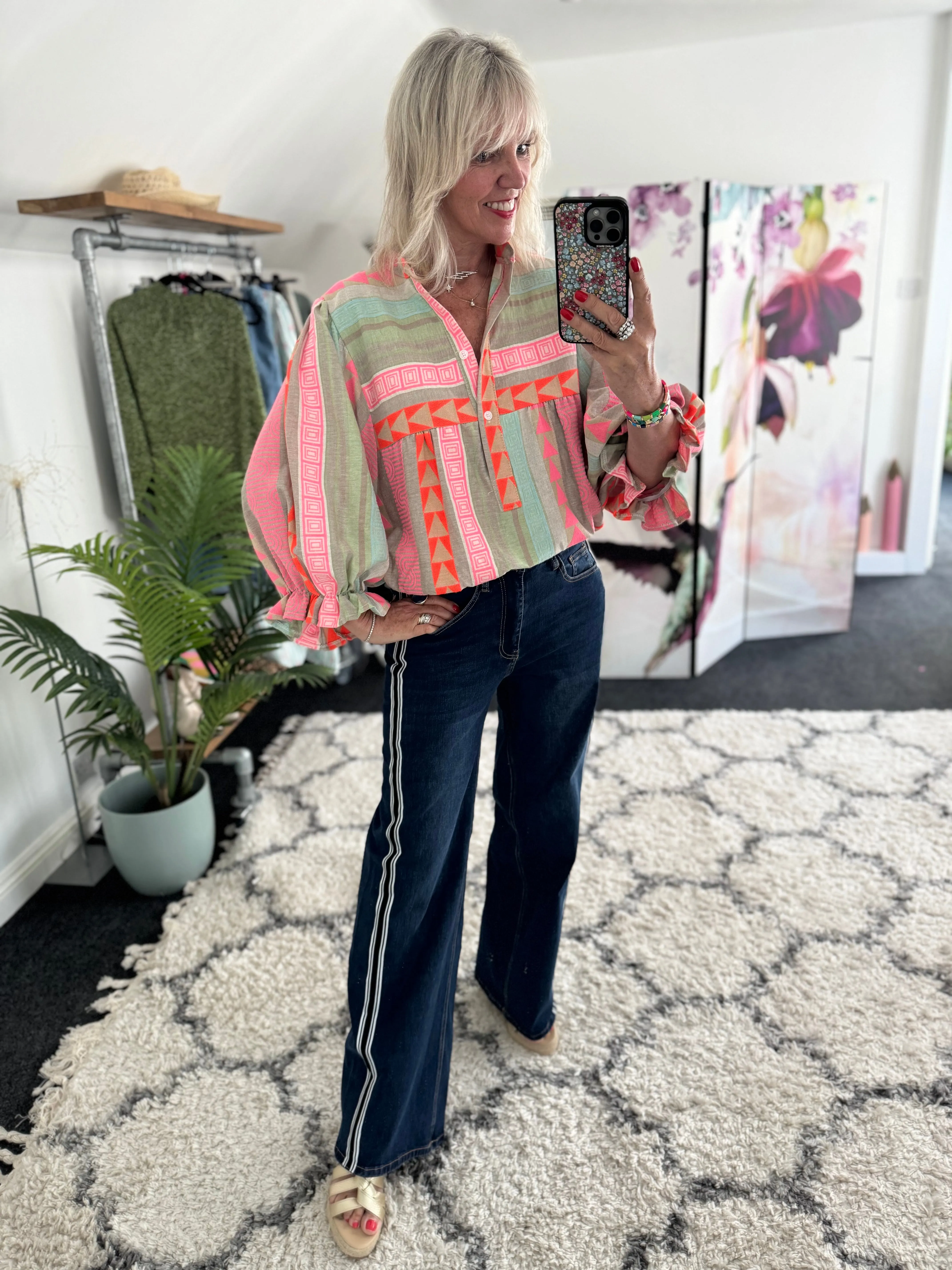 Embroidered Blouse in Pink & Khaki