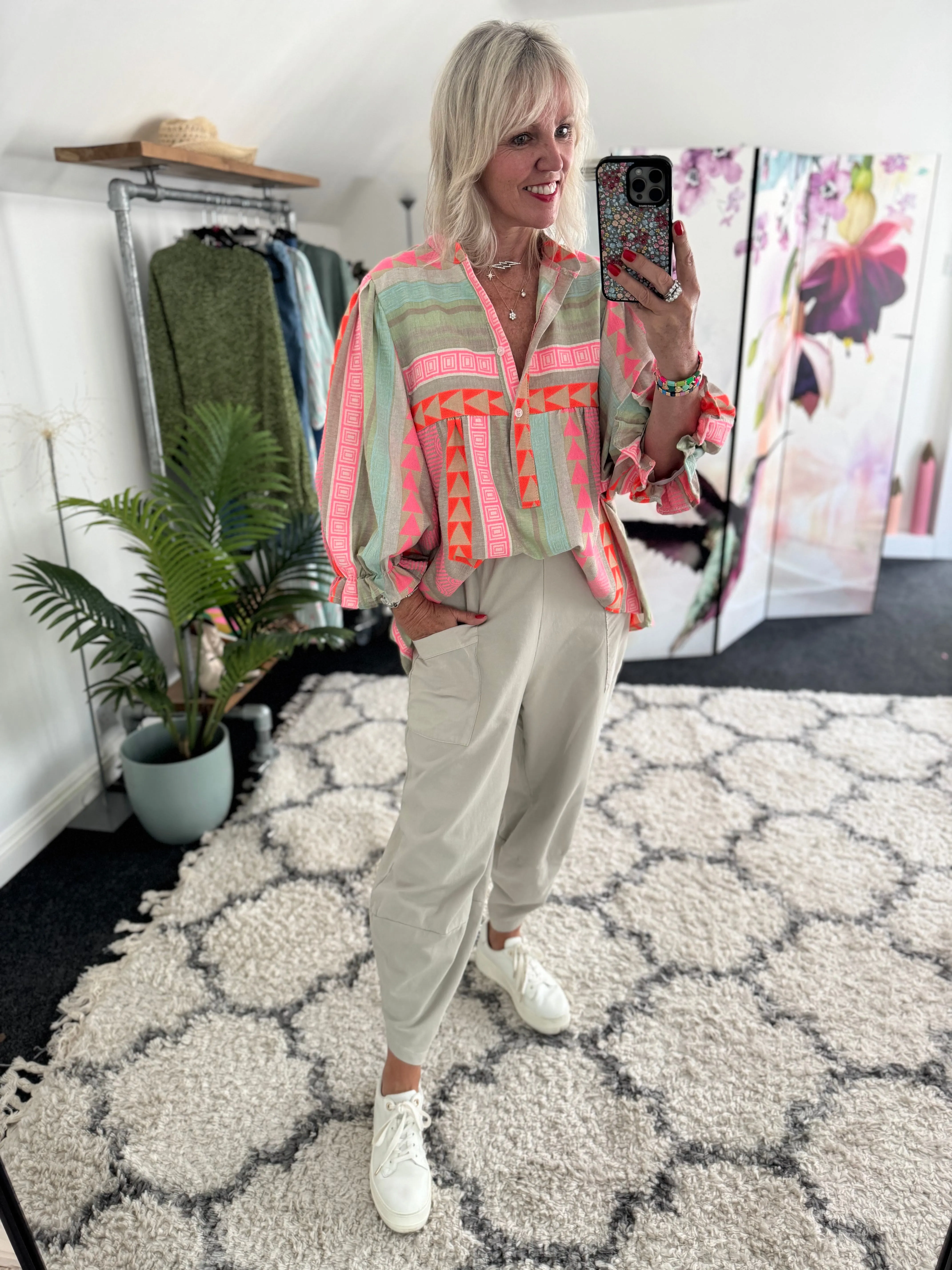 Embroidered Blouse in Pink & Khaki