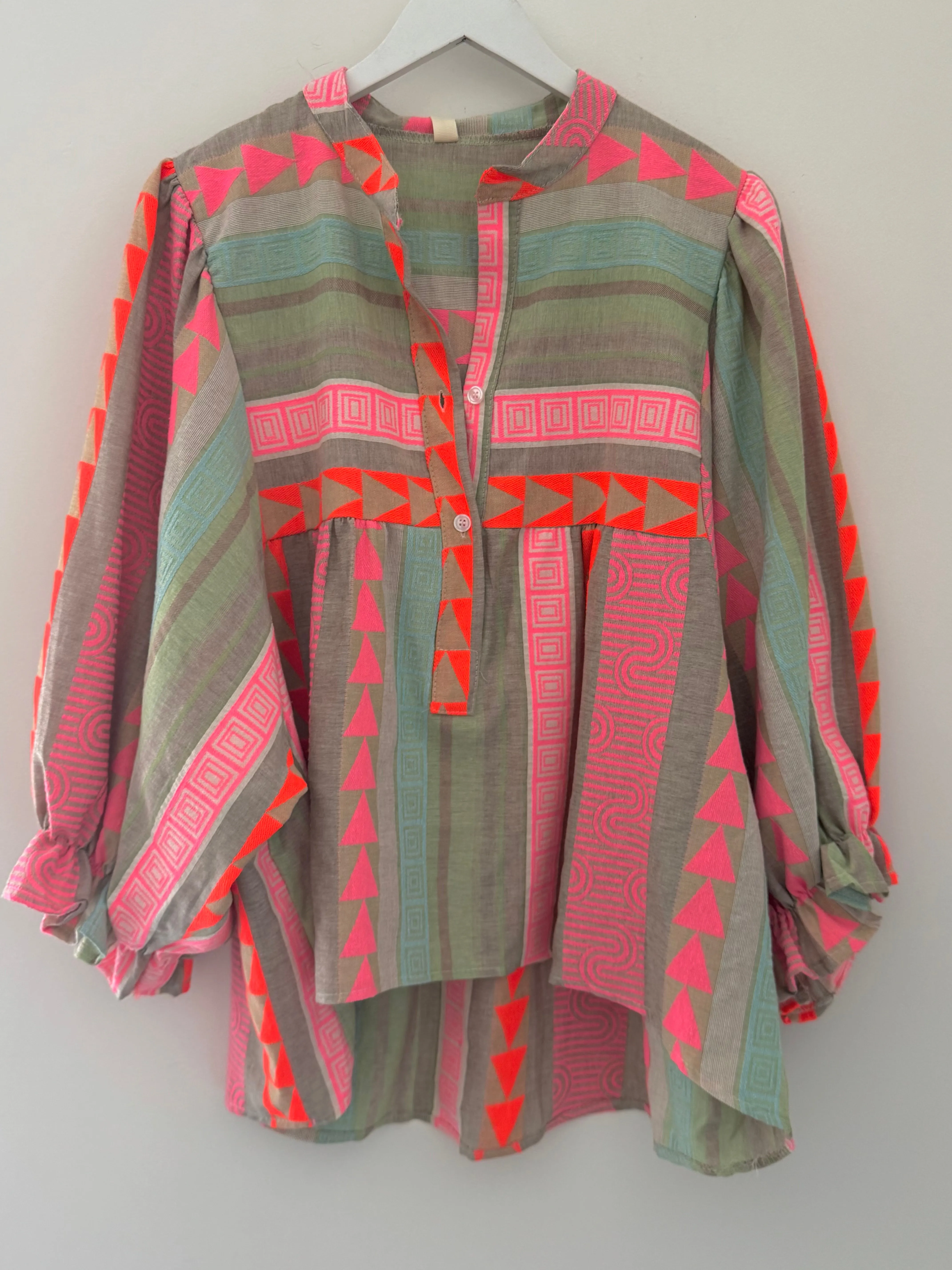 Embroidered Blouse in Pink & Khaki