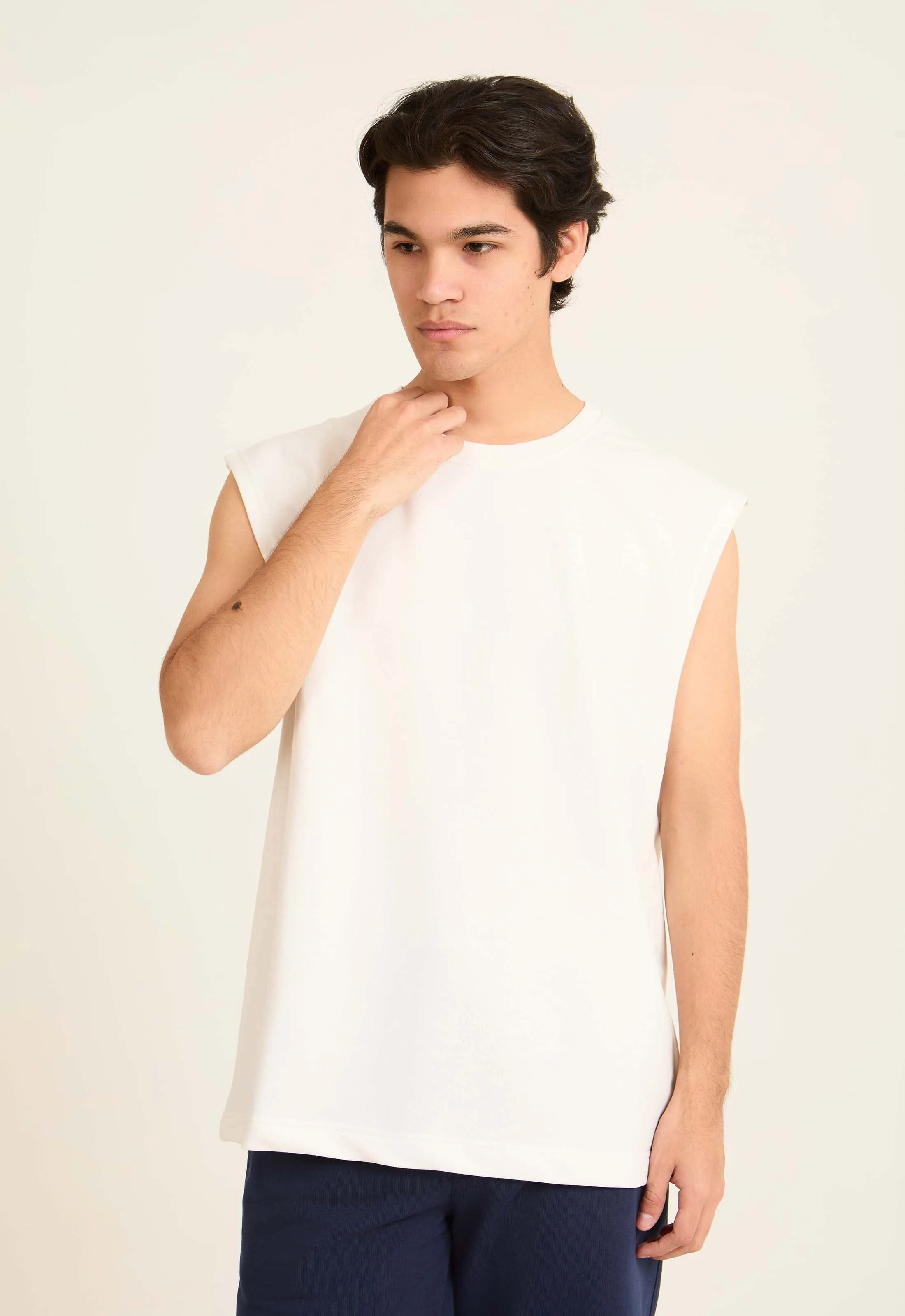 Men T-Shirt Oversized SleevelessCotton Off White
