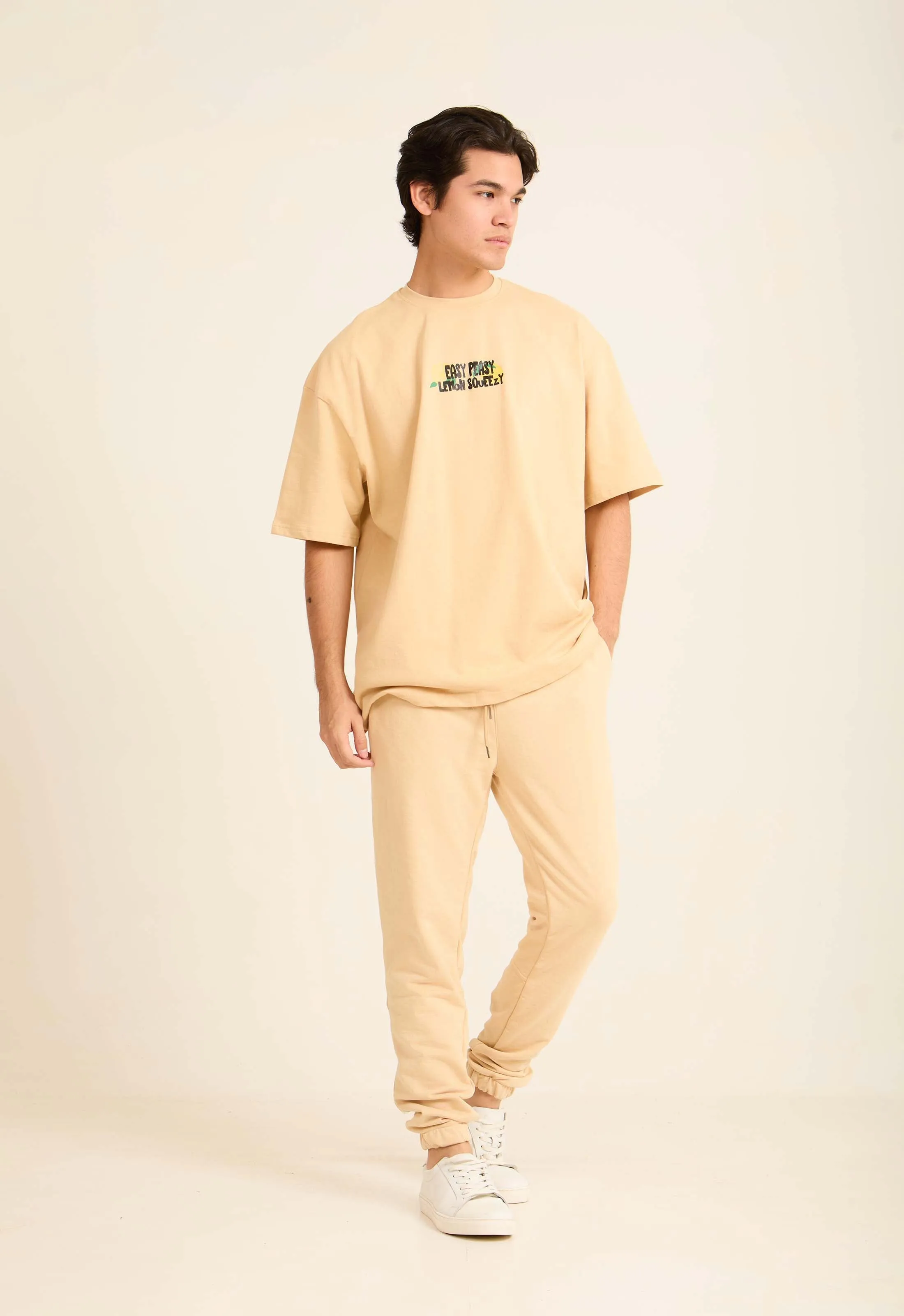 Men T-Shirt OversizedPrinted  Beige