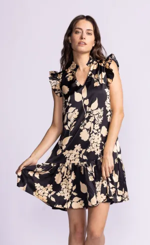 Pink Martini Women's Dina Satin  Floral Dress - Black/Beige
