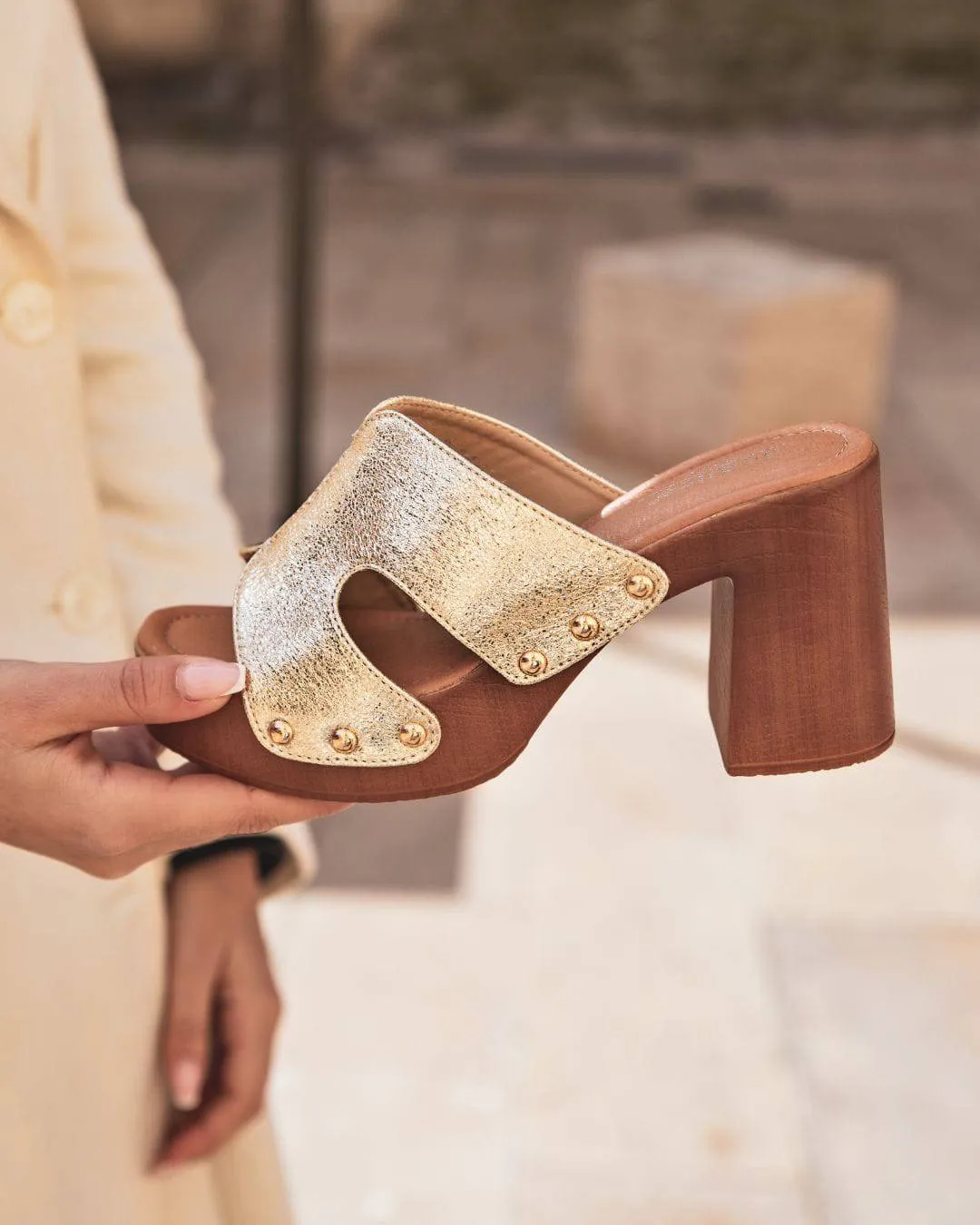 Sandale femme mule talon carré doré - Florie