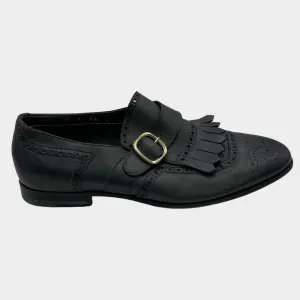Santoni men's dark grey leather buckle loafers