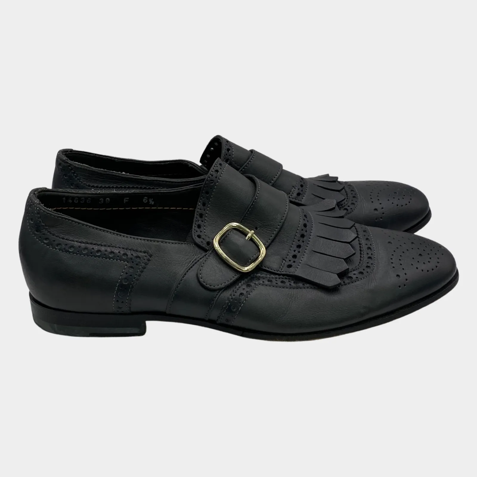 Santoni men's dark grey leather buckle loafers