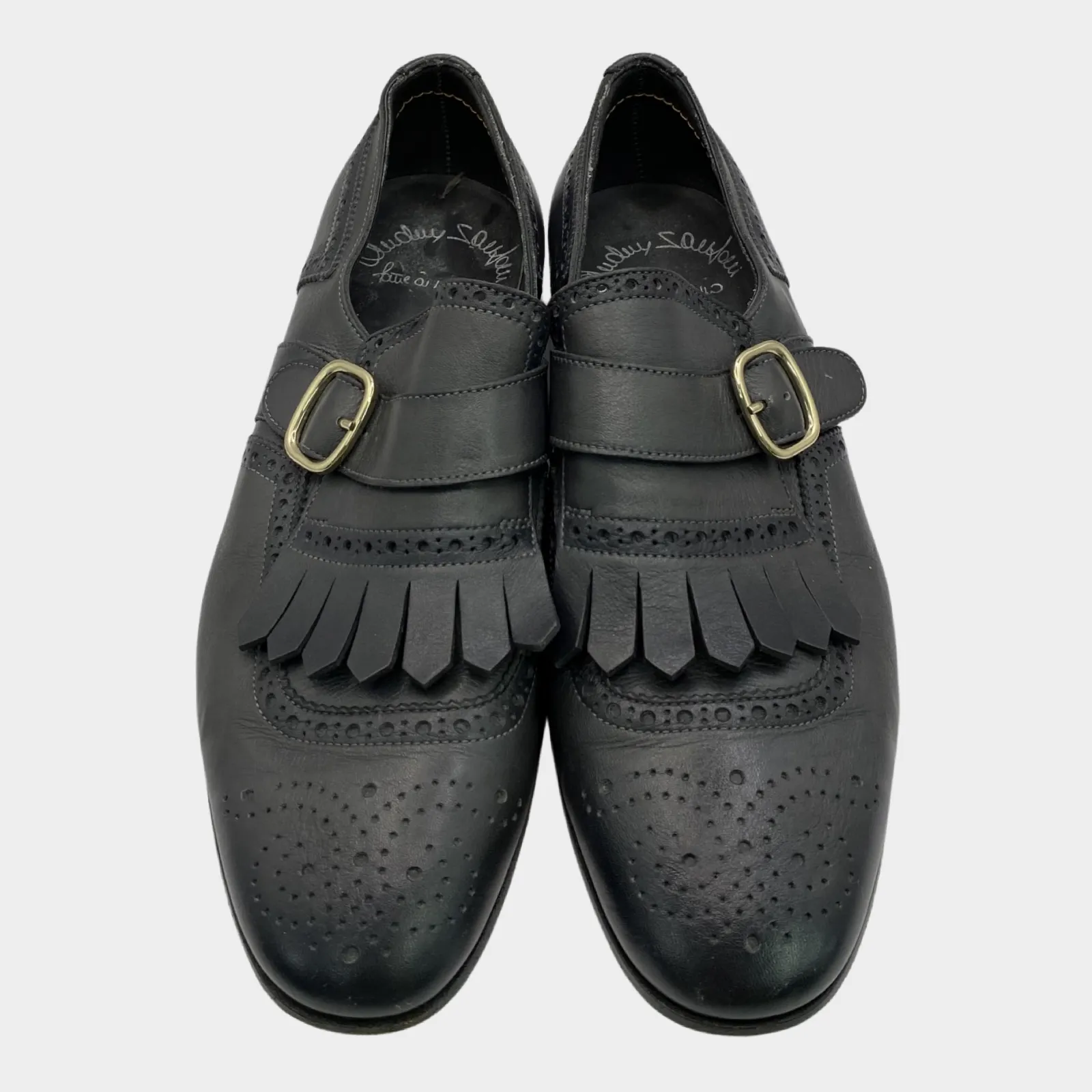 Santoni men's dark grey leather buckle loafers