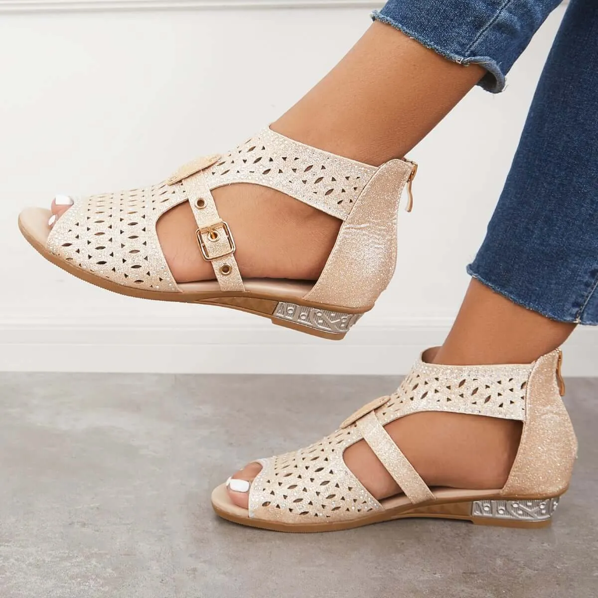 Sohiwoo Casual Block Heel Sanadals Hollow Cutout Back Zipper Sandals