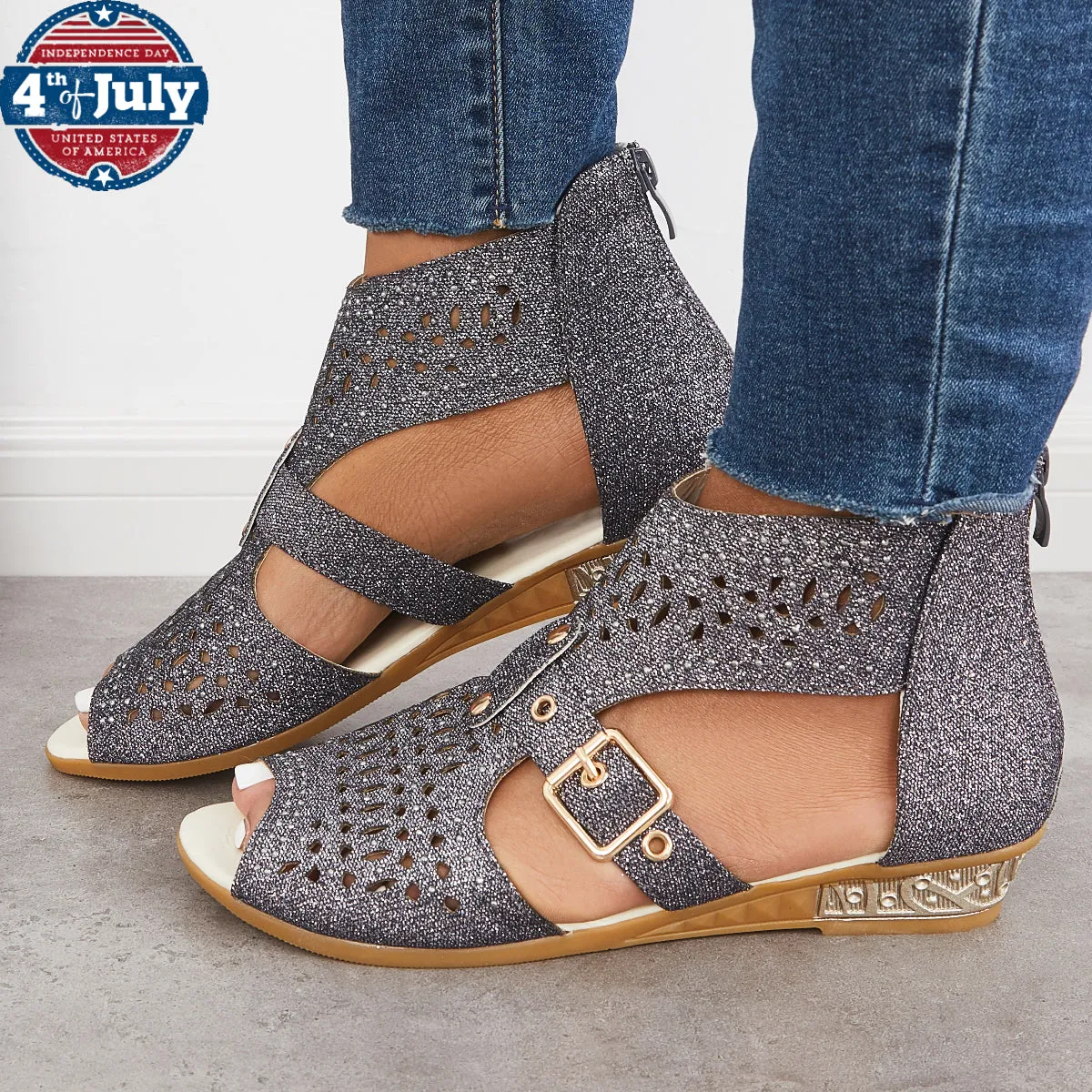 Sohiwoo Casual Block Heel Sanadals Hollow Cutout Back Zipper Sandals