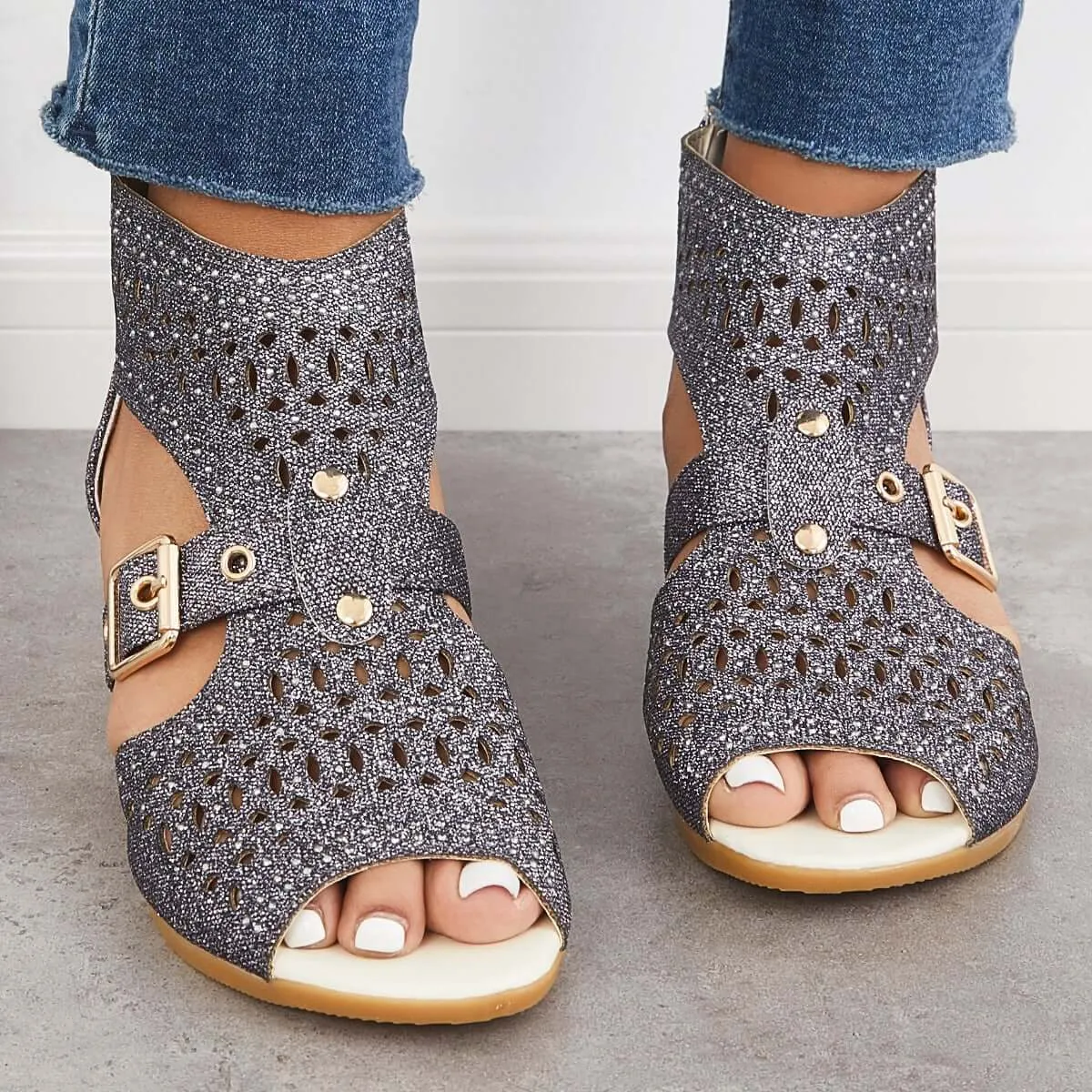 Sohiwoo Casual Block Heel Sanadals Hollow Cutout Back Zipper Sandals