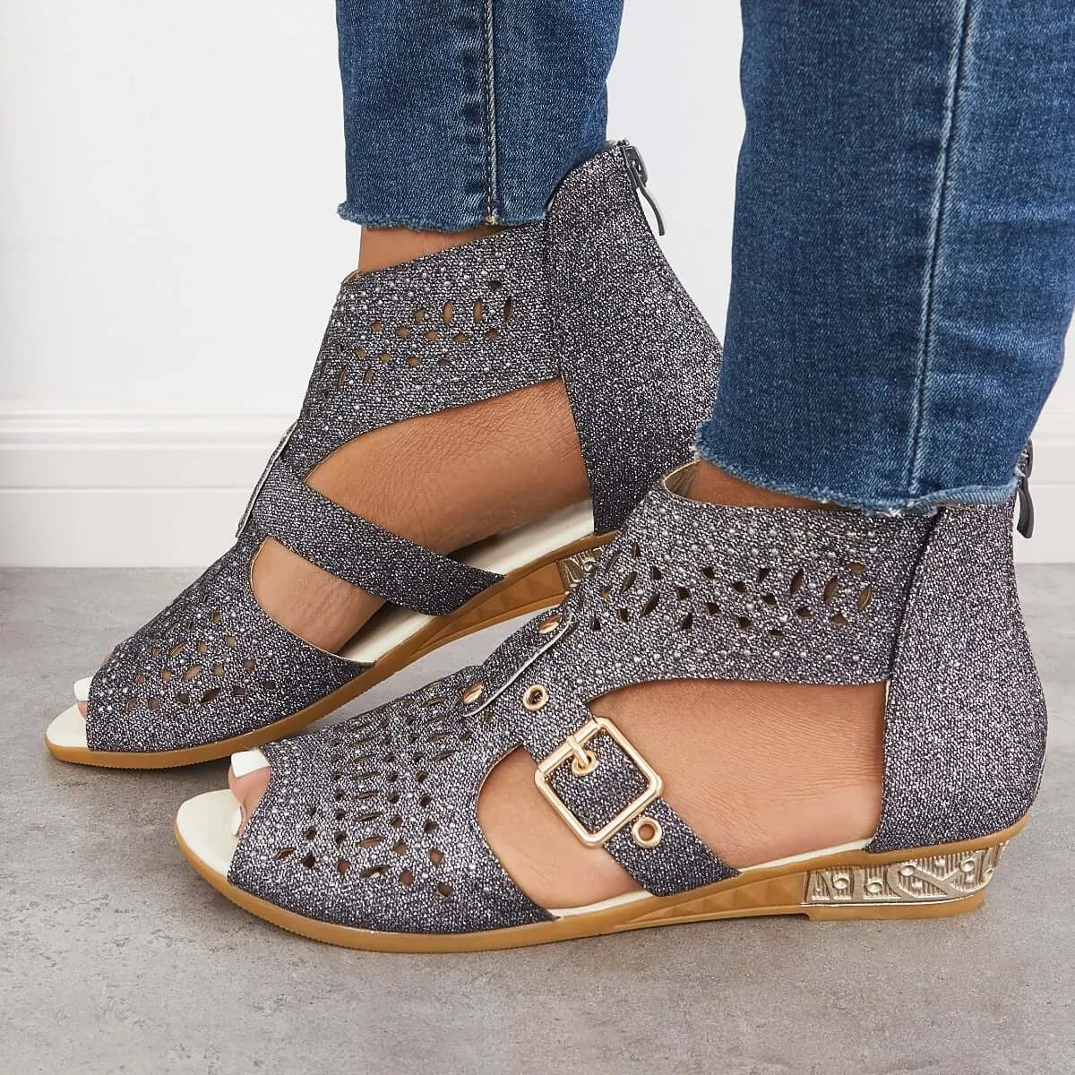 Sohiwoo Casual Block Heel Sanadals Hollow Cutout Back Zipper Sandals