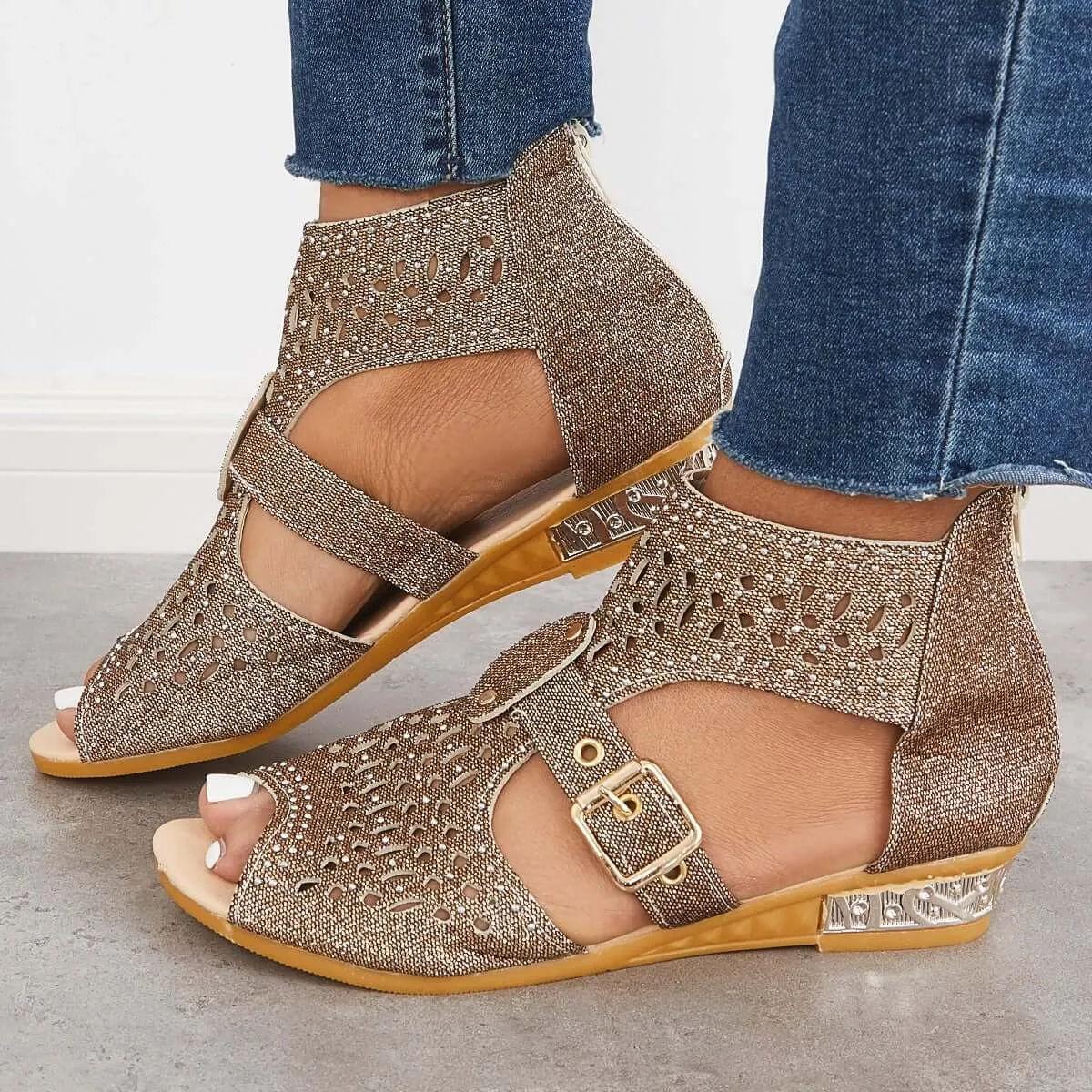 Sohiwoo Casual Block Heel Sanadals Hollow Cutout Back Zipper Sandals