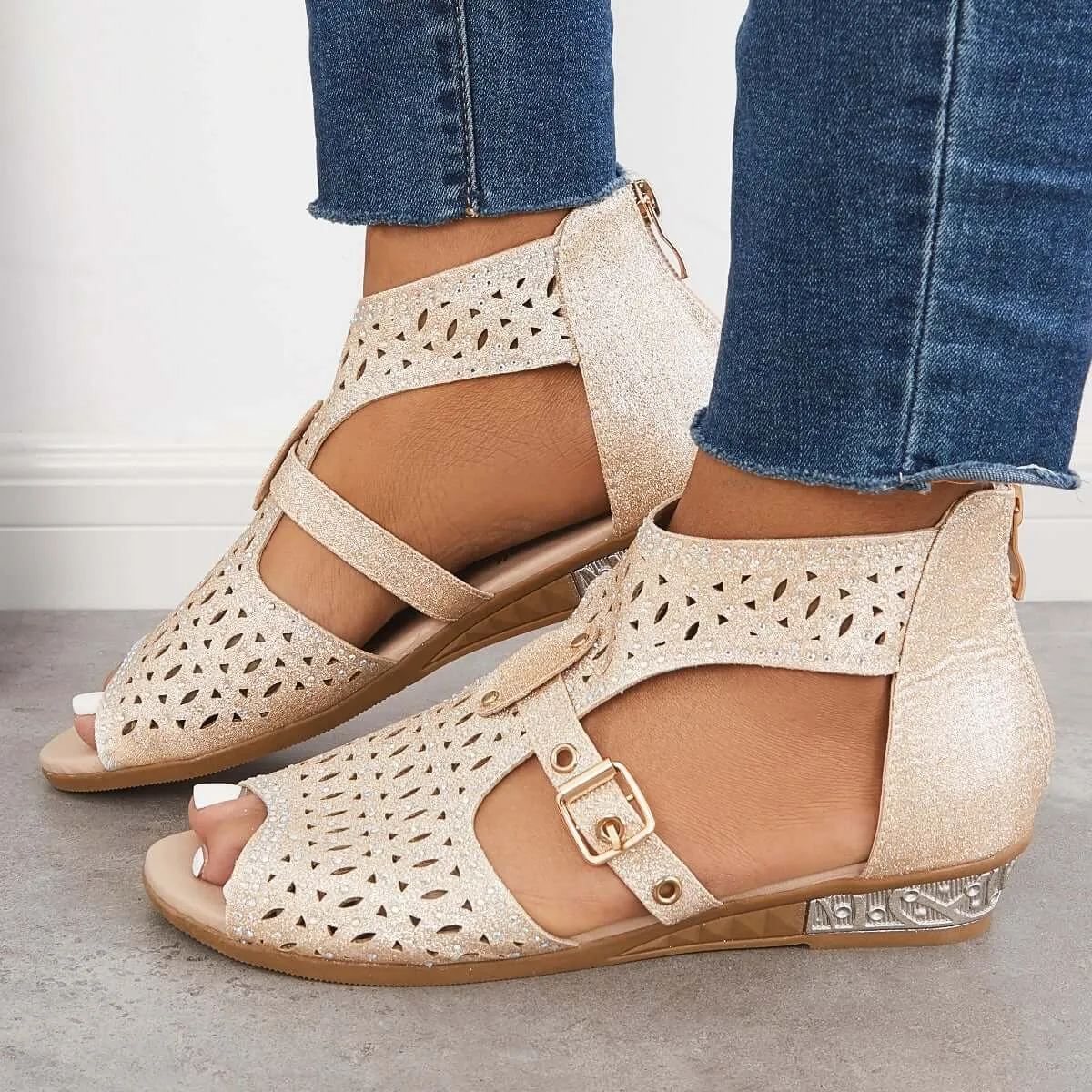 Sohiwoo Casual Block Heel Sanadals Hollow Cutout Back Zipper Sandals