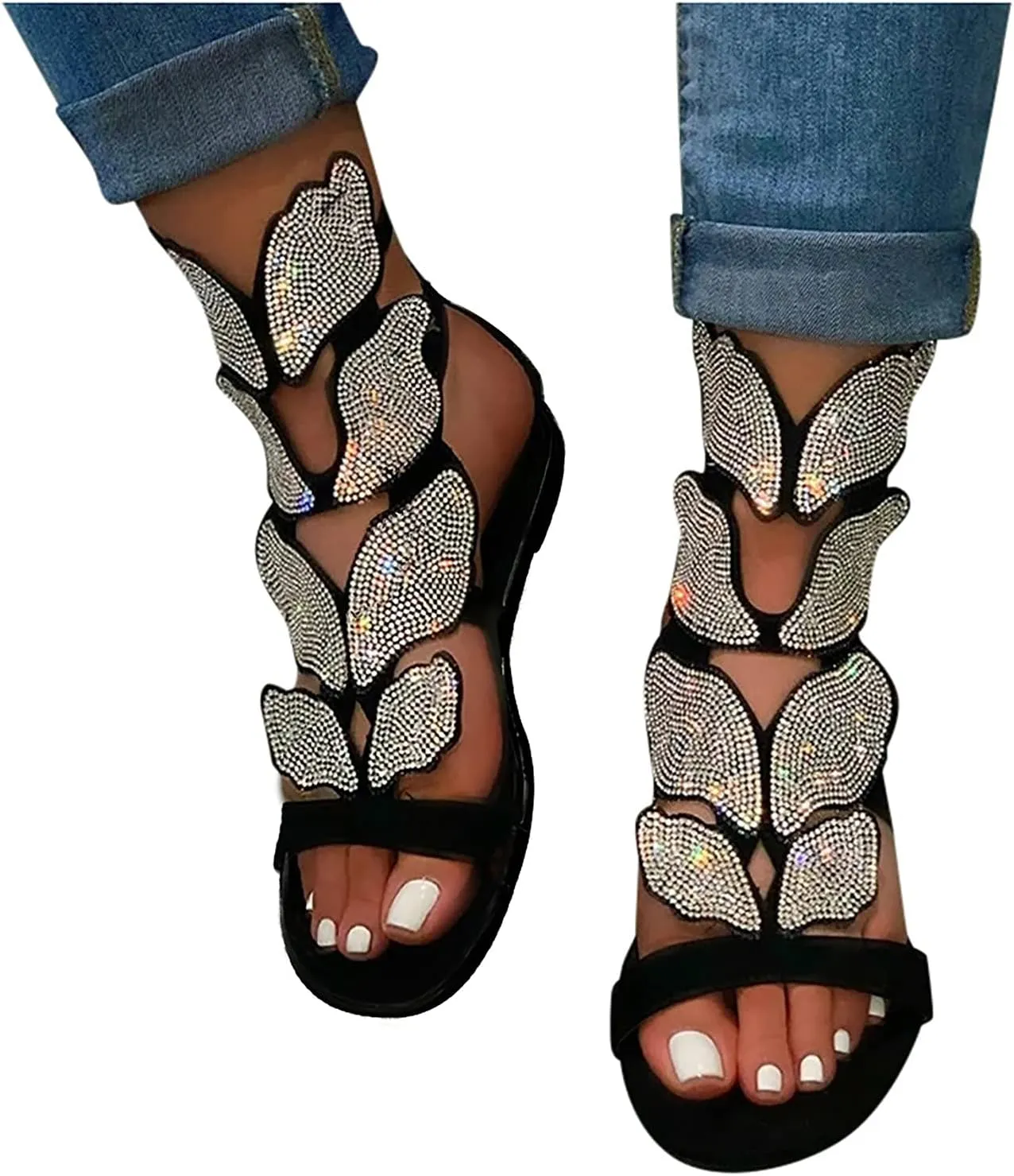 Summer Sandals For Women 2025,Women's Flat Sandals Rhinestone Dressy Open Toe Ankle Strap Comfortable Low Heel Vacation Sandal Casual Footwear Boho Sexy Beach Shoes for Oceanside Holiday Outdoor