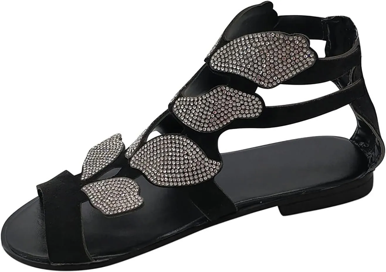 Summer Sandals For Women 2025,Women's Flat Sandals Rhinestone Dressy Open Toe Ankle Strap Comfortable Low Heel Vacation Sandal Casual Footwear Boho Sexy Beach Shoes for Oceanside Holiday Outdoor
