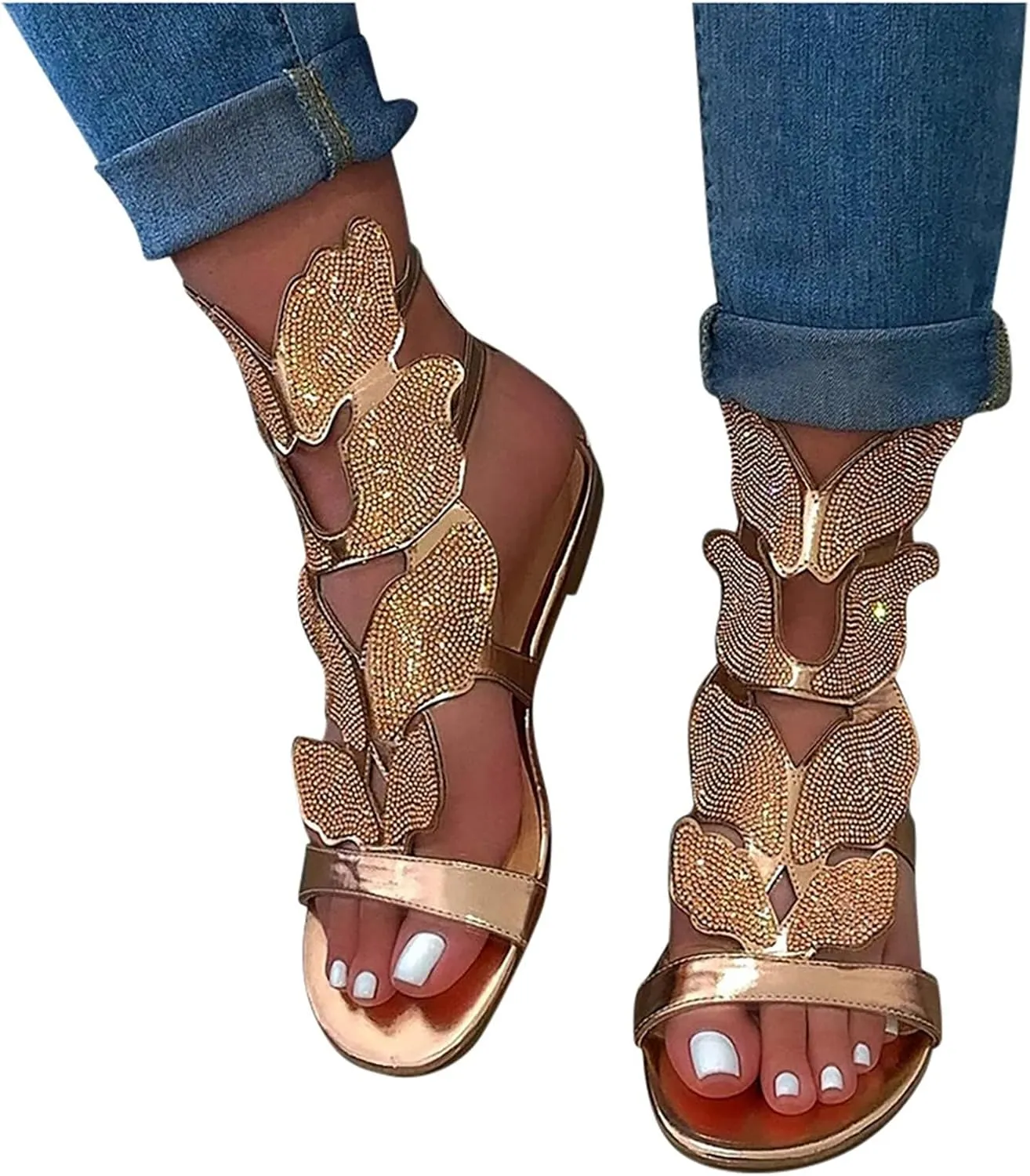 Summer Sandals For Women 2025,Women's Flat Sandals Rhinestone Dressy Open Toe Ankle Strap Comfortable Low Heel Vacation Sandal Casual Footwear Boho Sexy Beach Shoes for Oceanside Holiday Outdoor