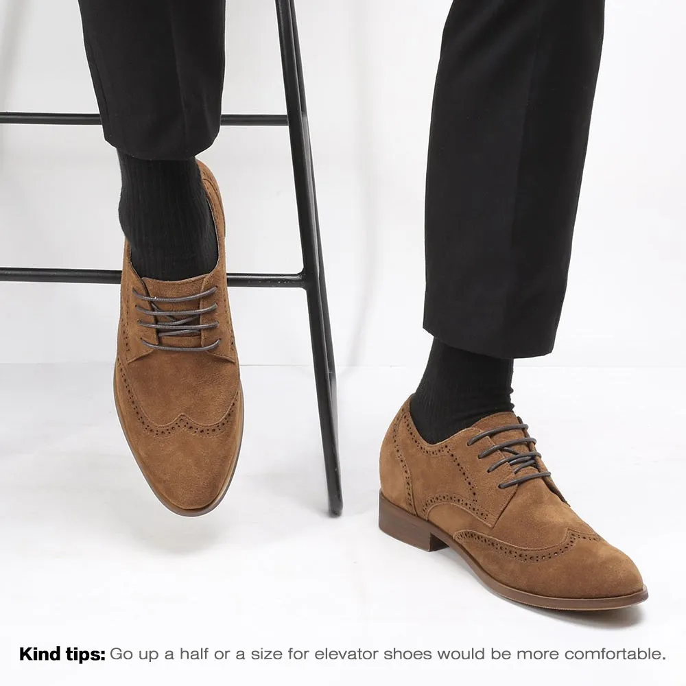 This item only ships to the United States - 7CM /2.76 Inches CMR CHAMARIPA Elevator Shoes High Heel Men Dress Shoes Height Increasing Black Suede Wingtip Brogues