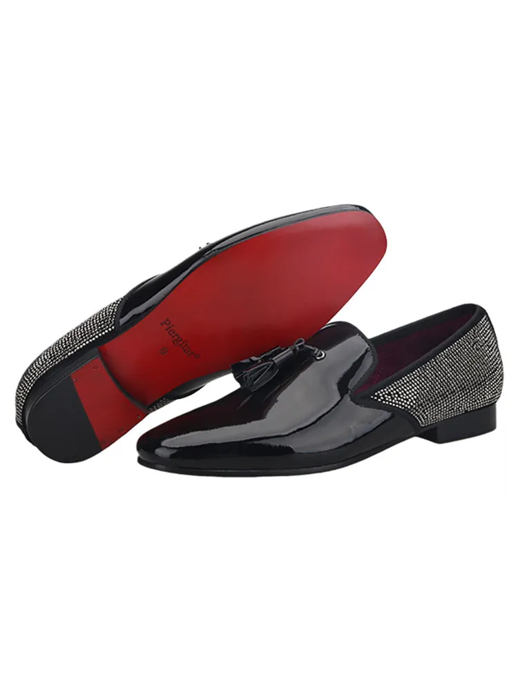Winter new black patent leather slip-on tassel loafers for men with genuine leather stitching and hot diamond trendy red sole shoes