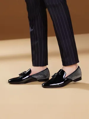 Winter new black patent leather slip-on tassel loafers for men with genuine leather stitching and hot diamond trendy red sole shoes