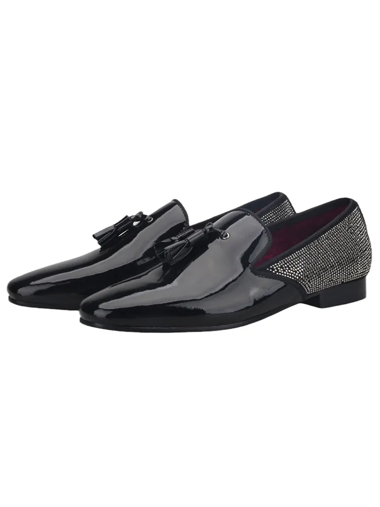 Winter new black patent leather slip-on tassel loafers for men with genuine leather stitching and hot diamond trendy red sole shoes
