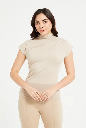 Women Beige Pleat Detailed High Neck Jersey Top