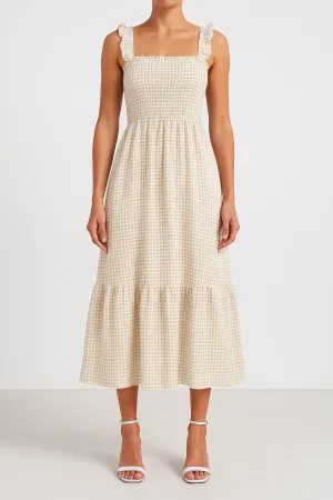 Womens A-Line Dress  Smocked Bodice  Spaghetti Straps  Tiered Maxi  Checkered