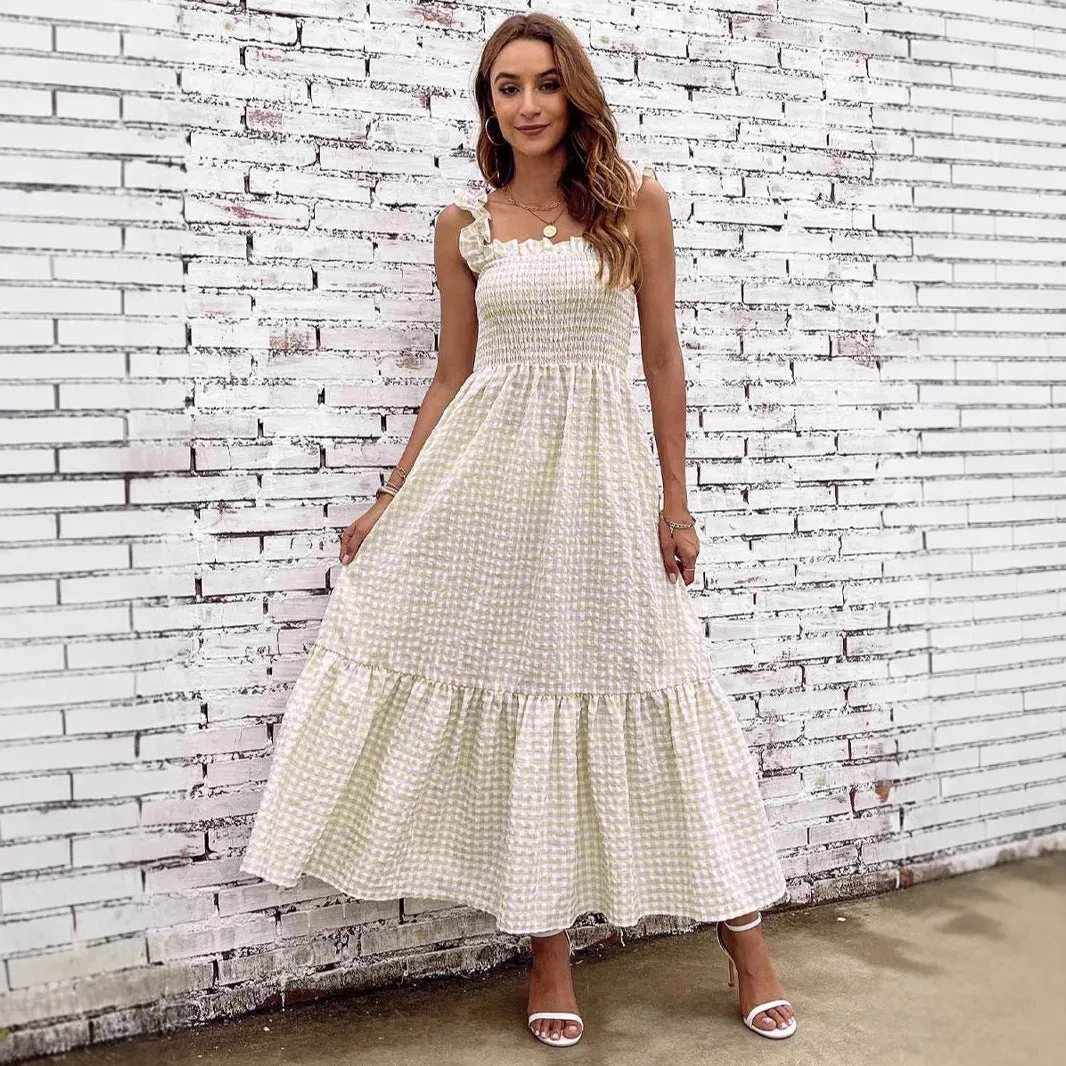 Womens A-Line Dress  Smocked Bodice  Spaghetti Straps  Tiered Maxi  Checkered